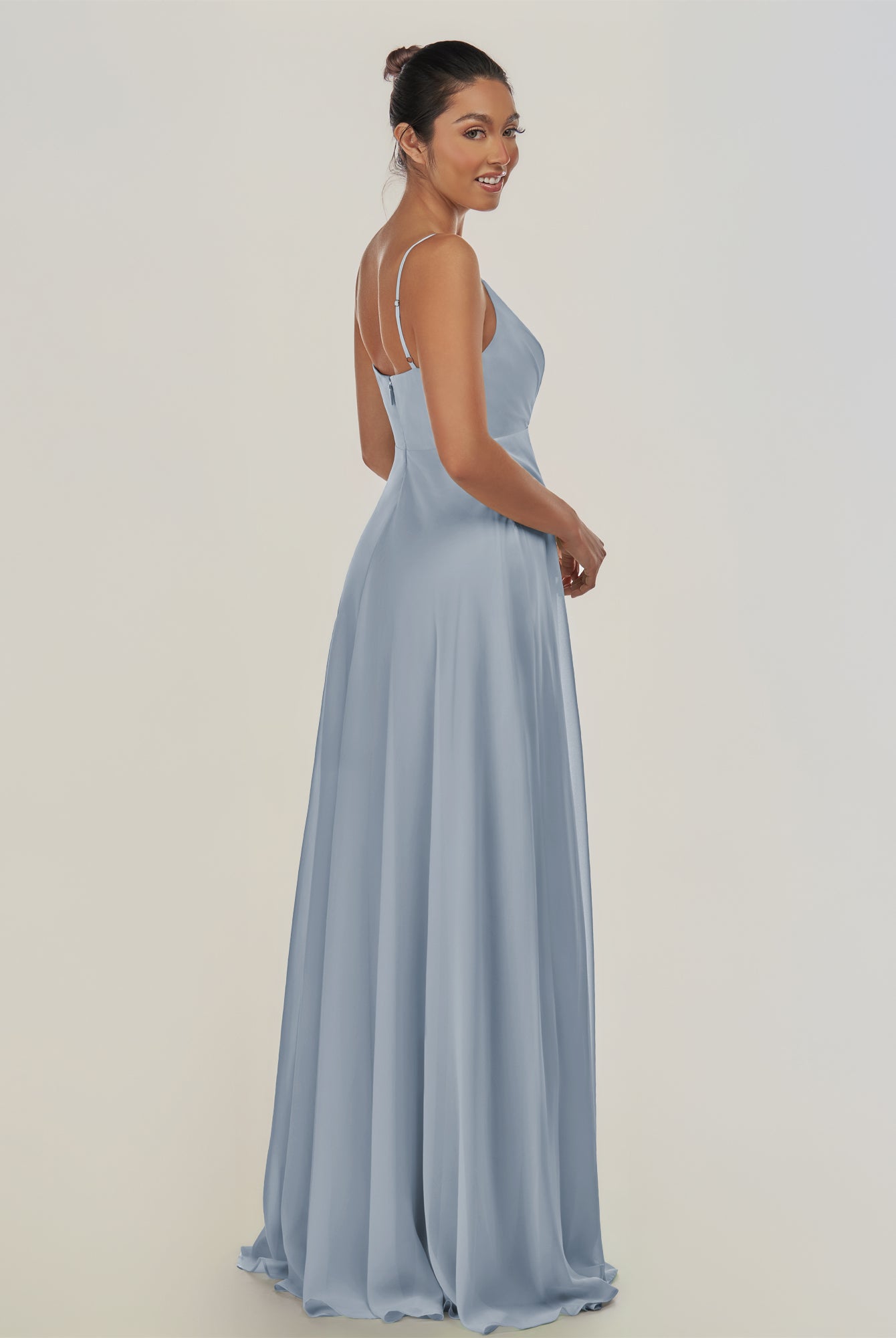 KissDress-Risa Dusty Blue A Line Chiffon V Neck Long Bridesmaid Dress with Pleats