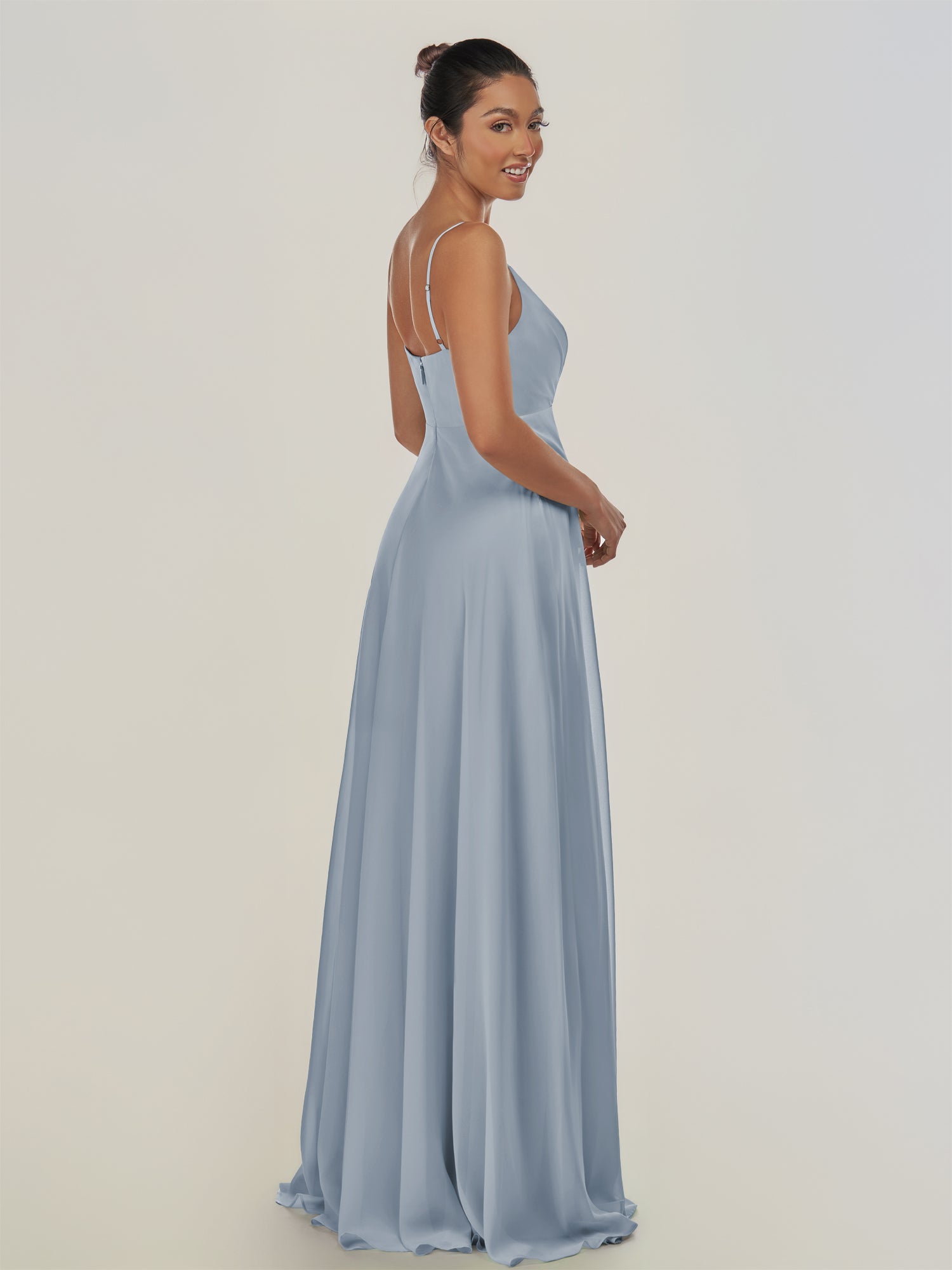 KissDress-Risa Dusty Blue A Line Chiffon V Neck Long Bridesmaid Dress with Pleats