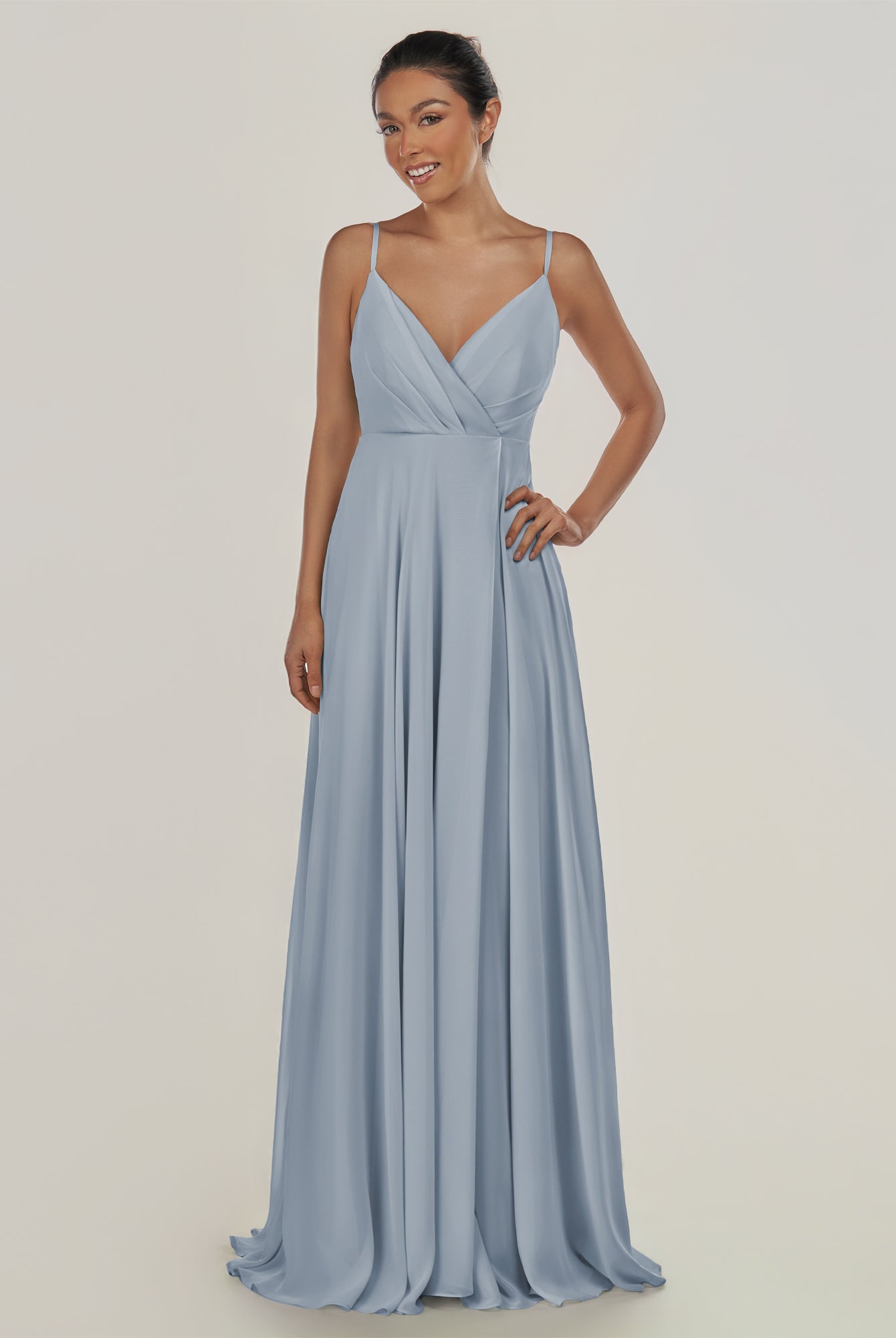 KissDress-Risa Dusty Blue A Line Chiffon V Neck Long Bridesmaid Dress with Pleats
