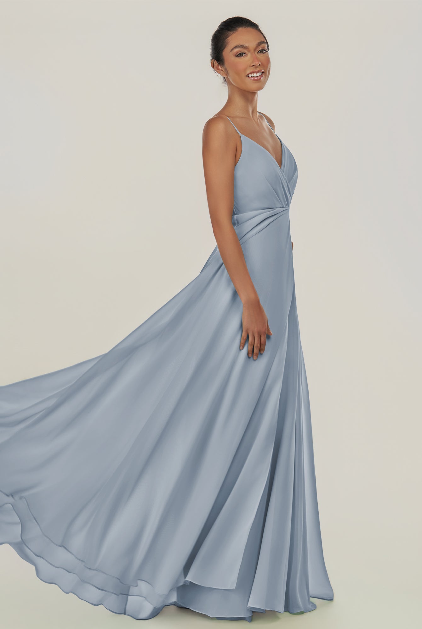 KissDress-Risa Dusty Blue A Line Chiffon V Neck Long Bridesmaid Dress with Pleats