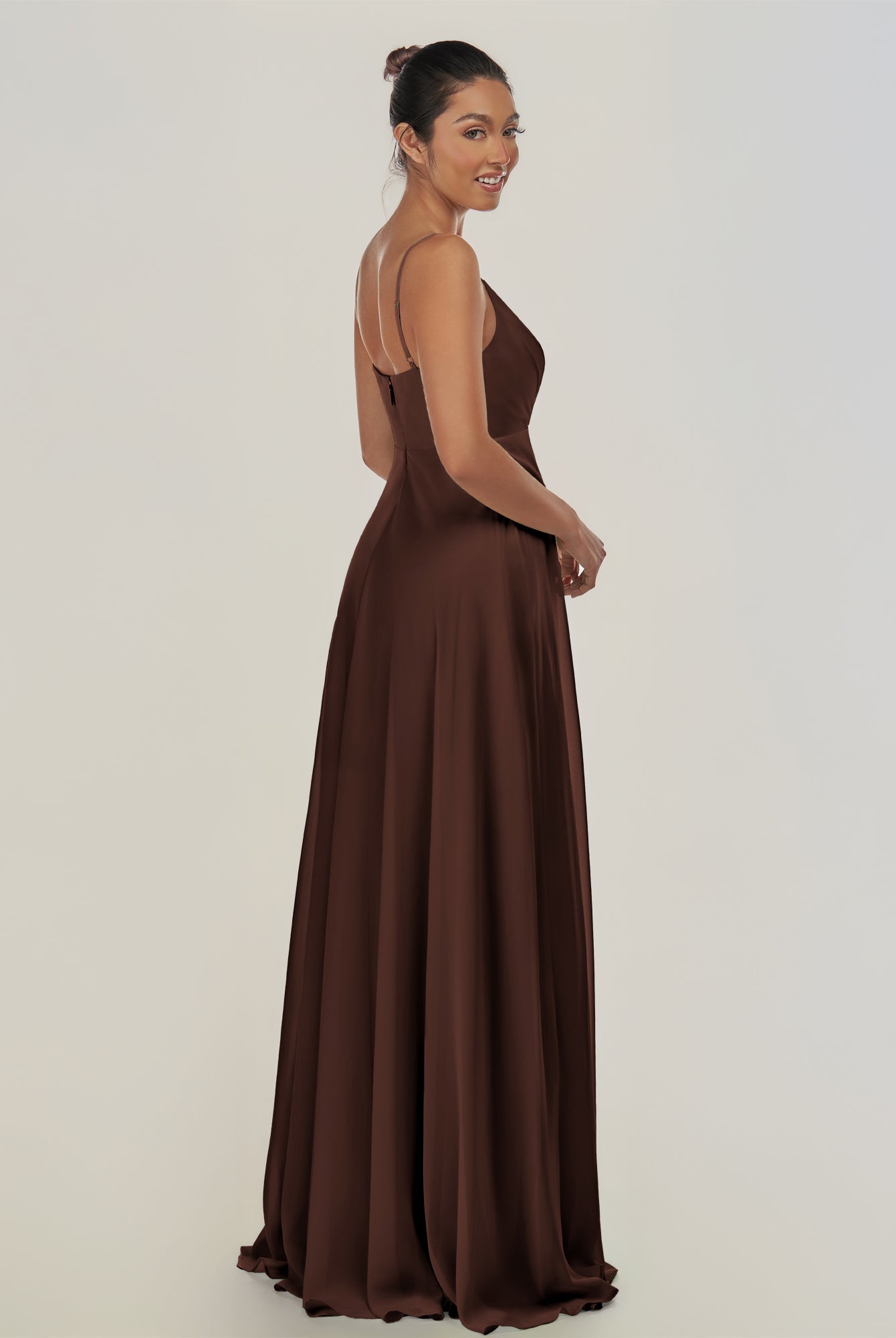 KissDress-Risa Espresso A Line Chiffon V Neck Long Bridesmaid Dress with Pleats