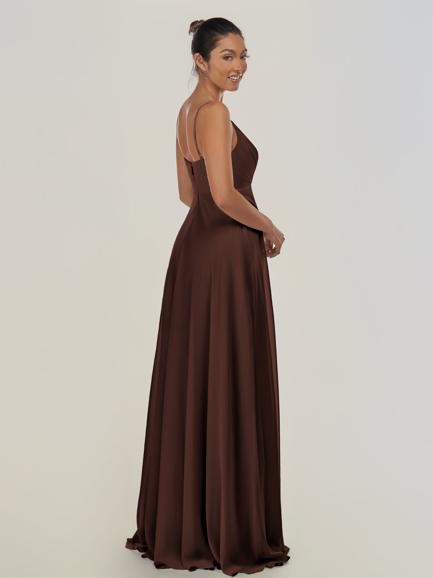 KissDress-Risa Espresso A Line Chiffon V Neck Long Bridesmaid Dress with Pleats