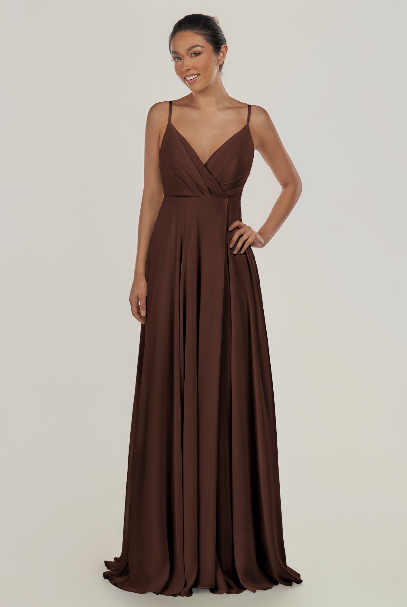 KissDress-Risa Espresso A Line Chiffon V Neck Long Bridesmaid Dress with Pleats