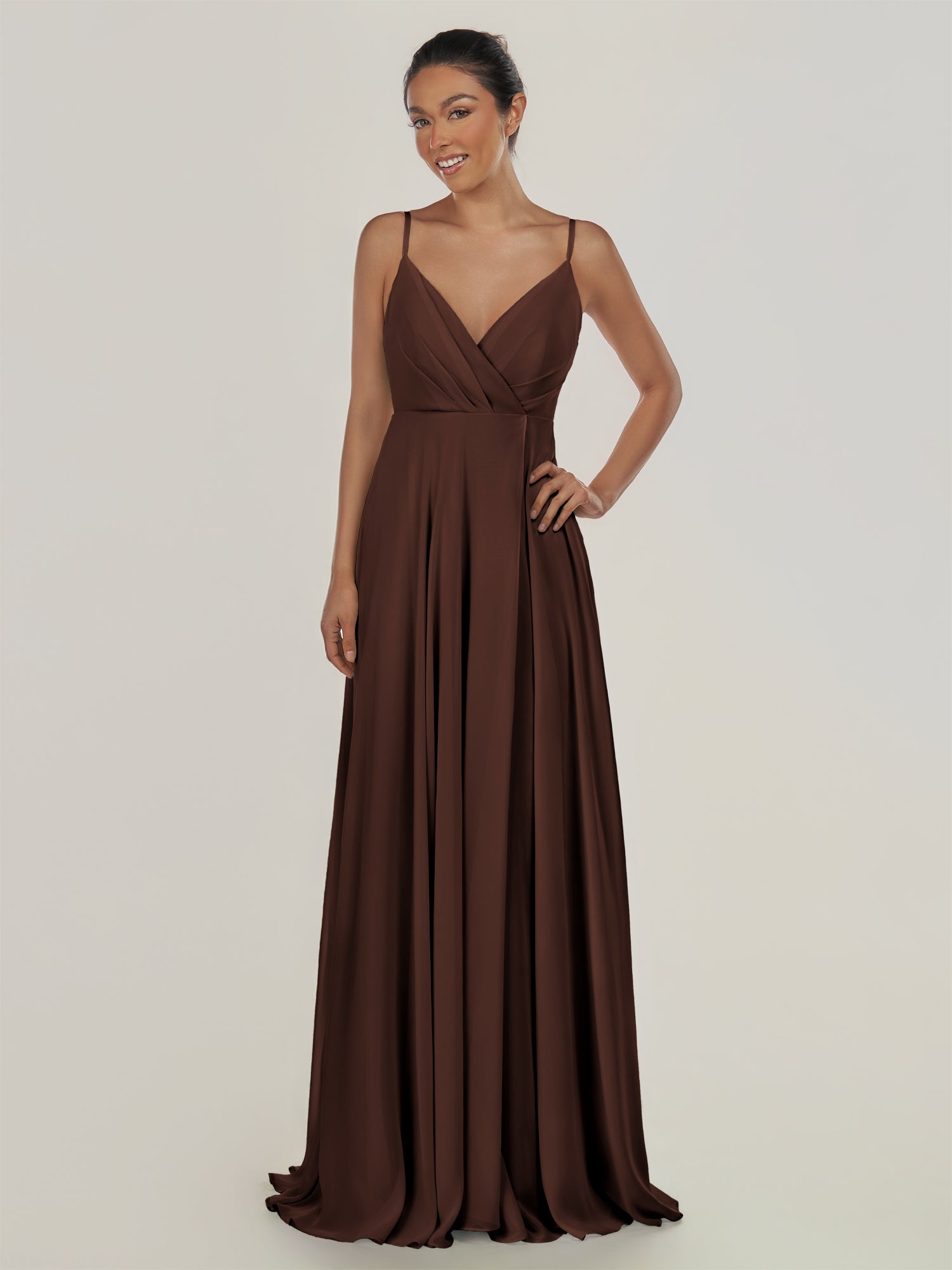 KissDress-Risa Espresso A Line Chiffon V Neck Long Bridesmaid Dress with Pleats