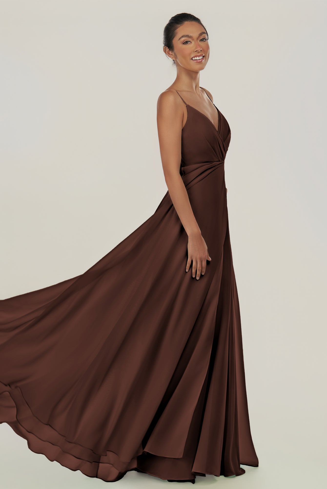 KissDress-Risa Espresso A Line Chiffon V Neck Long Bridesmaid Dress with Pleats