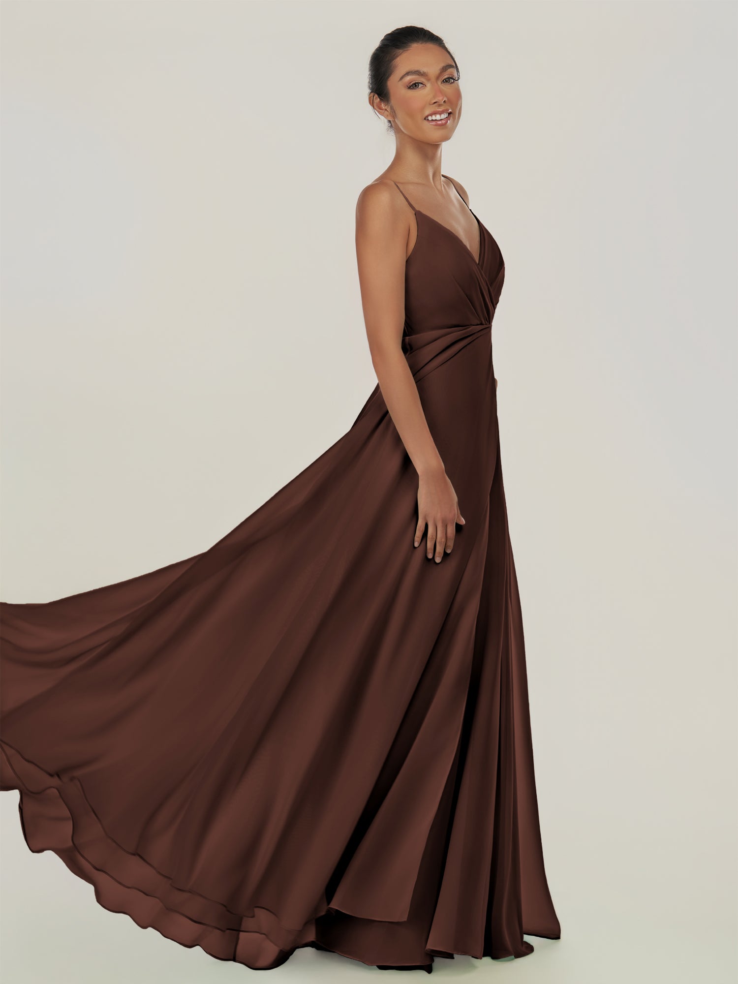 KissDress-Risa Espresso A Line Chiffon V Neck Long Bridesmaid Dress with Pleats