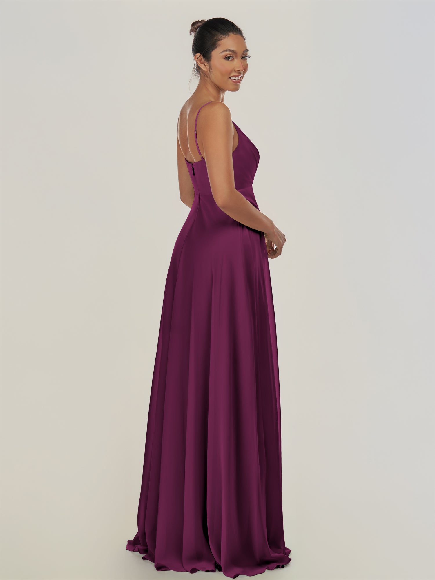KissDress-Risa Fig A Line Chiffon V Neck Long Bridesmaid Dress with Pleats