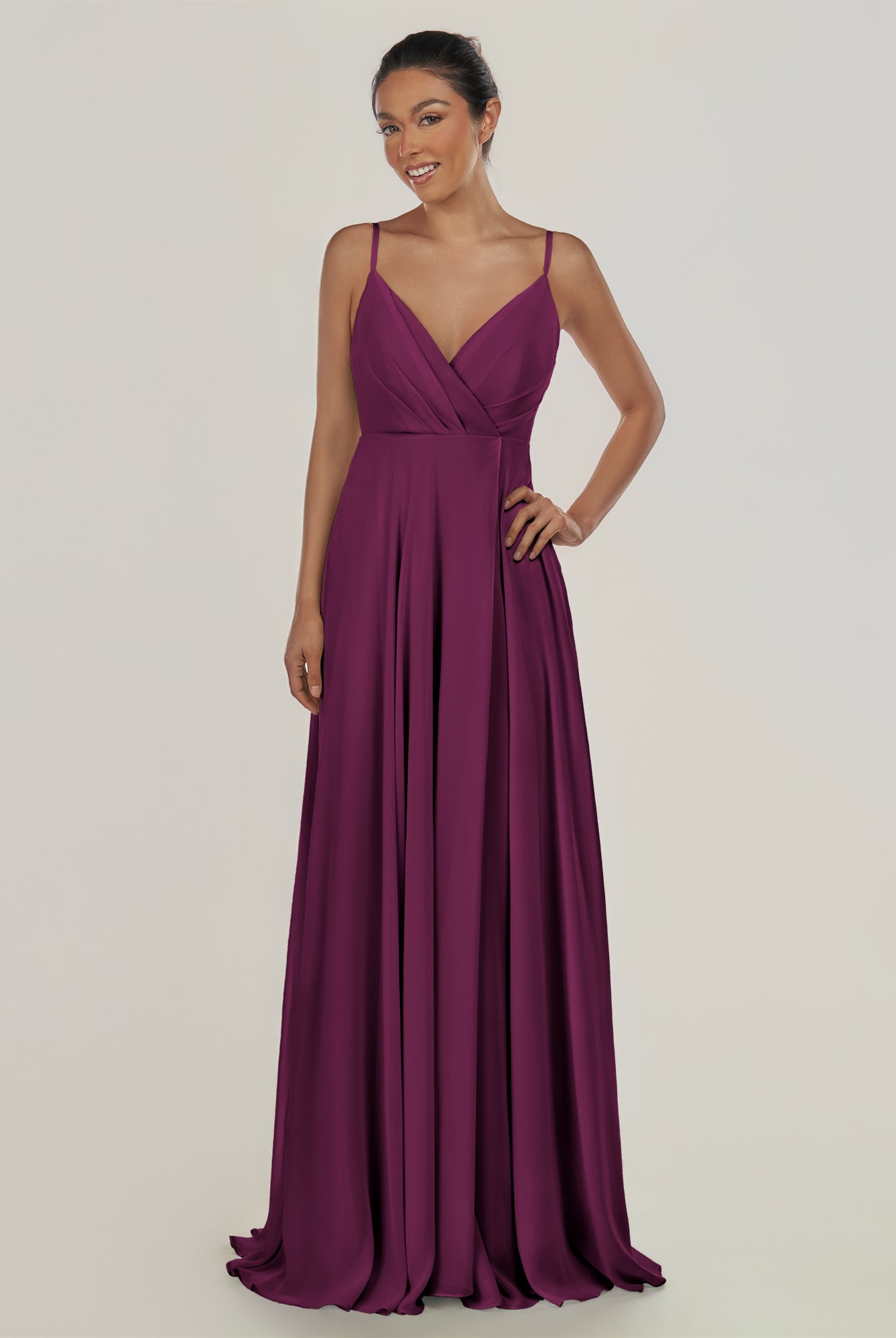 KissDress-Risa Fig A Line Chiffon V Neck Long Bridesmaid Dress with Pleats