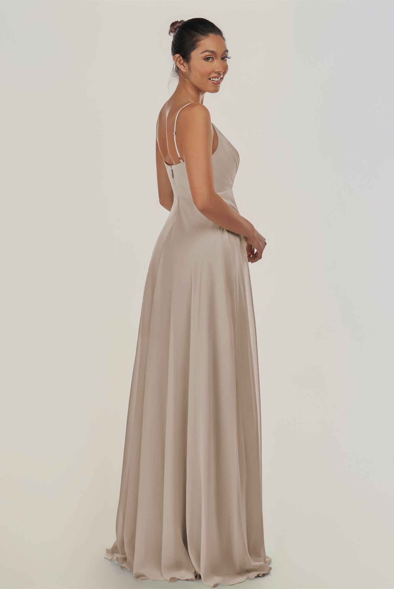 KissDress-Risa Frost A Line Chiffon V Neck Long Bridesmaid Dress with Pleats