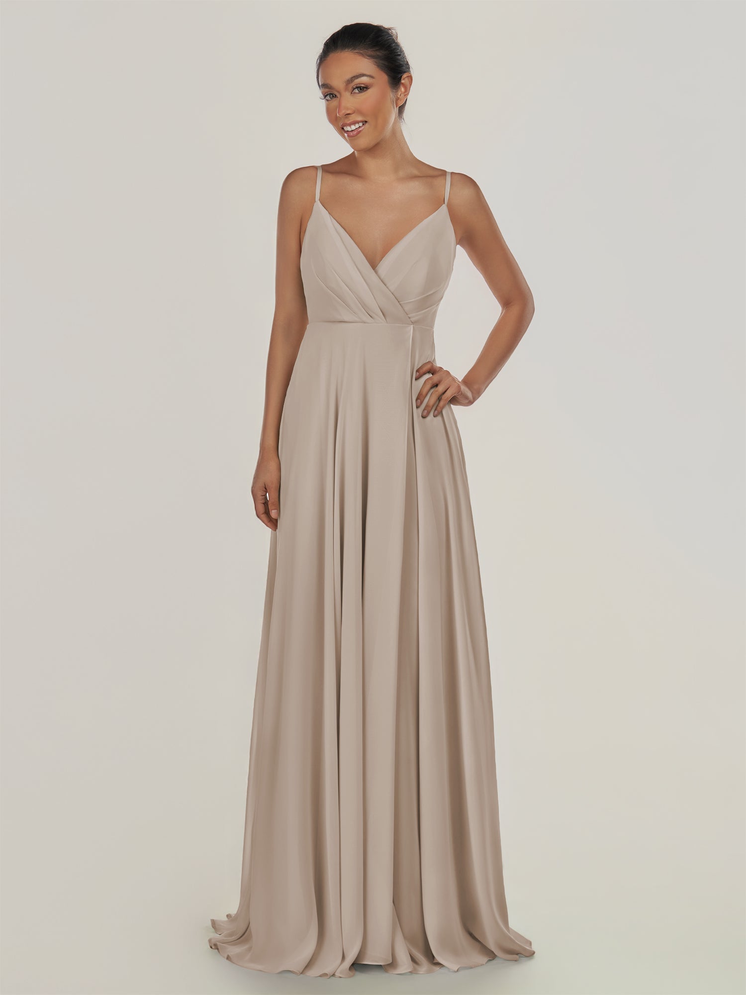 KissDress-Risa Frost A Line Chiffon V Neck Long Bridesmaid Dress with Pleats