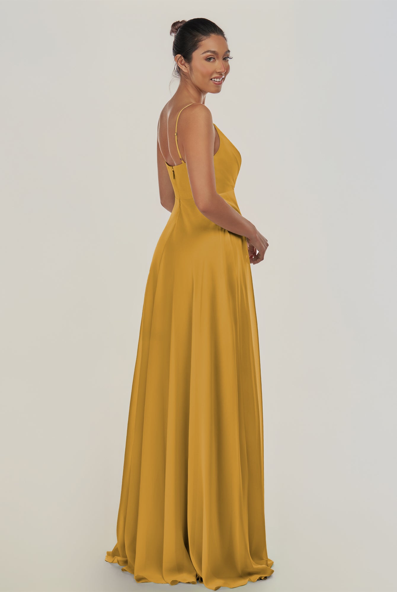 KissDress-Risa Marigold A Line Chiffon V Neck Long Bridesmaid Dress with Pleats