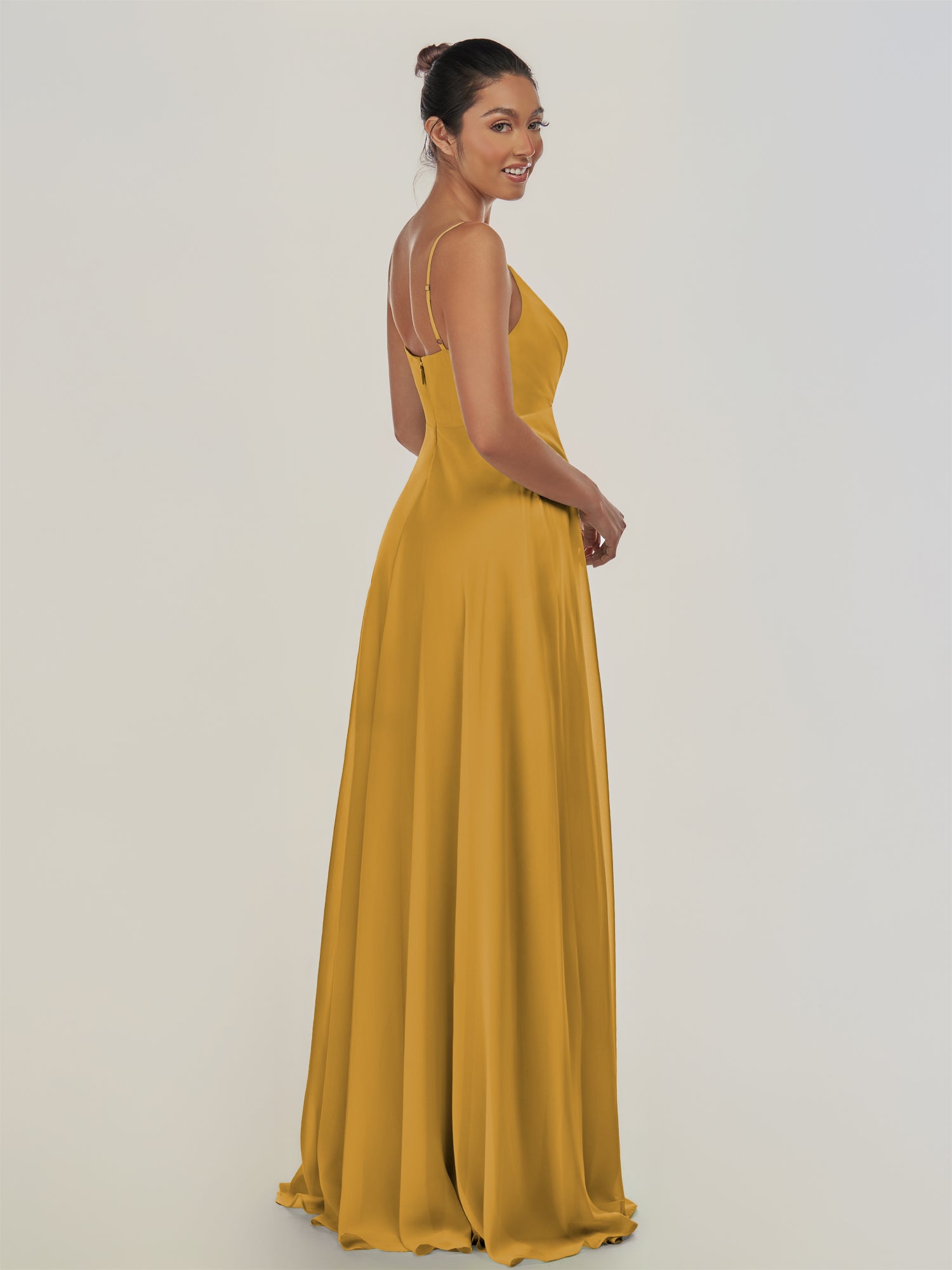 KissDress-Risa Marigold A Line Chiffon V Neck Long Bridesmaid Dress with Pleats