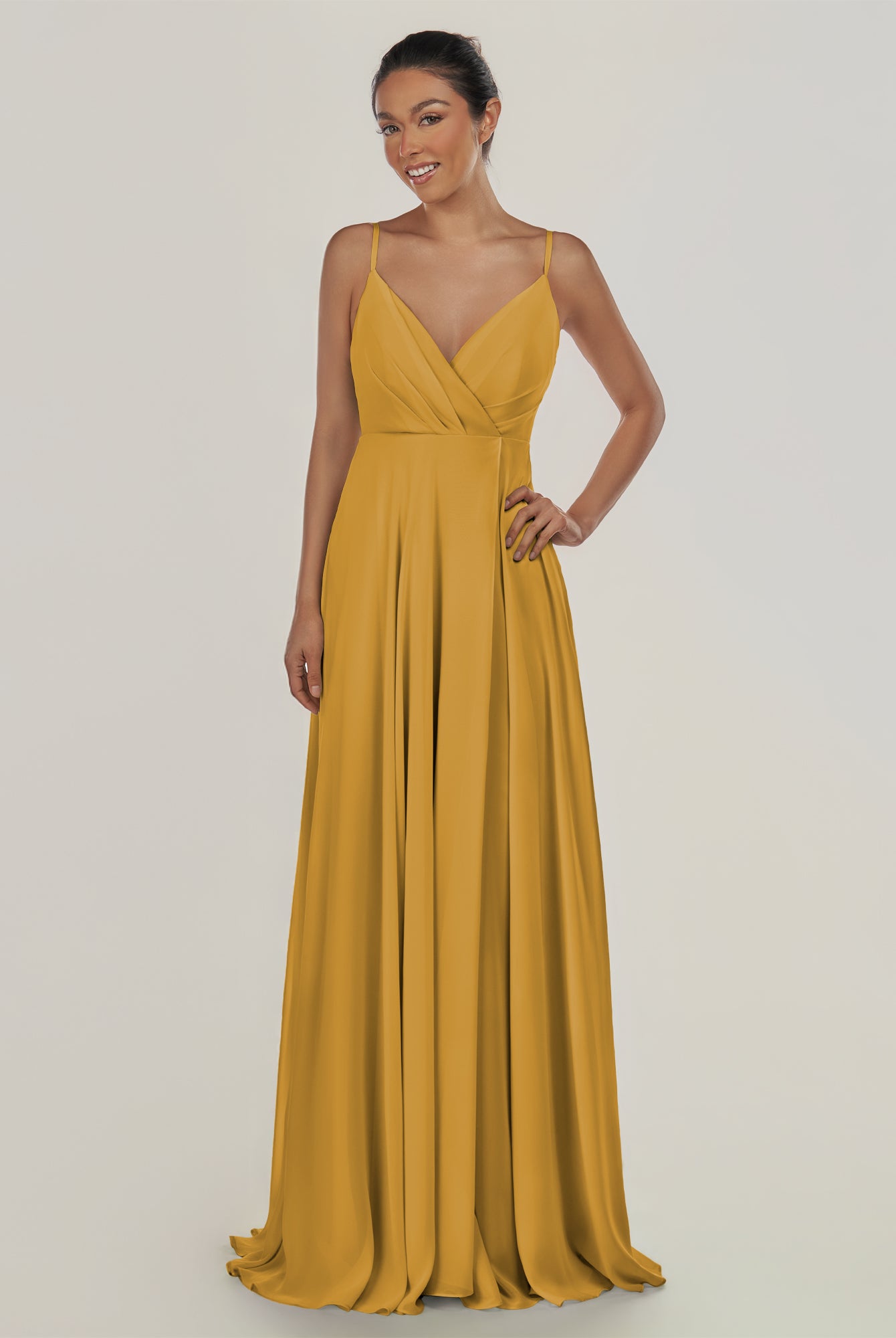 KissDress-Risa Marigold A Line Chiffon V Neck Long Bridesmaid Dress with Pleats