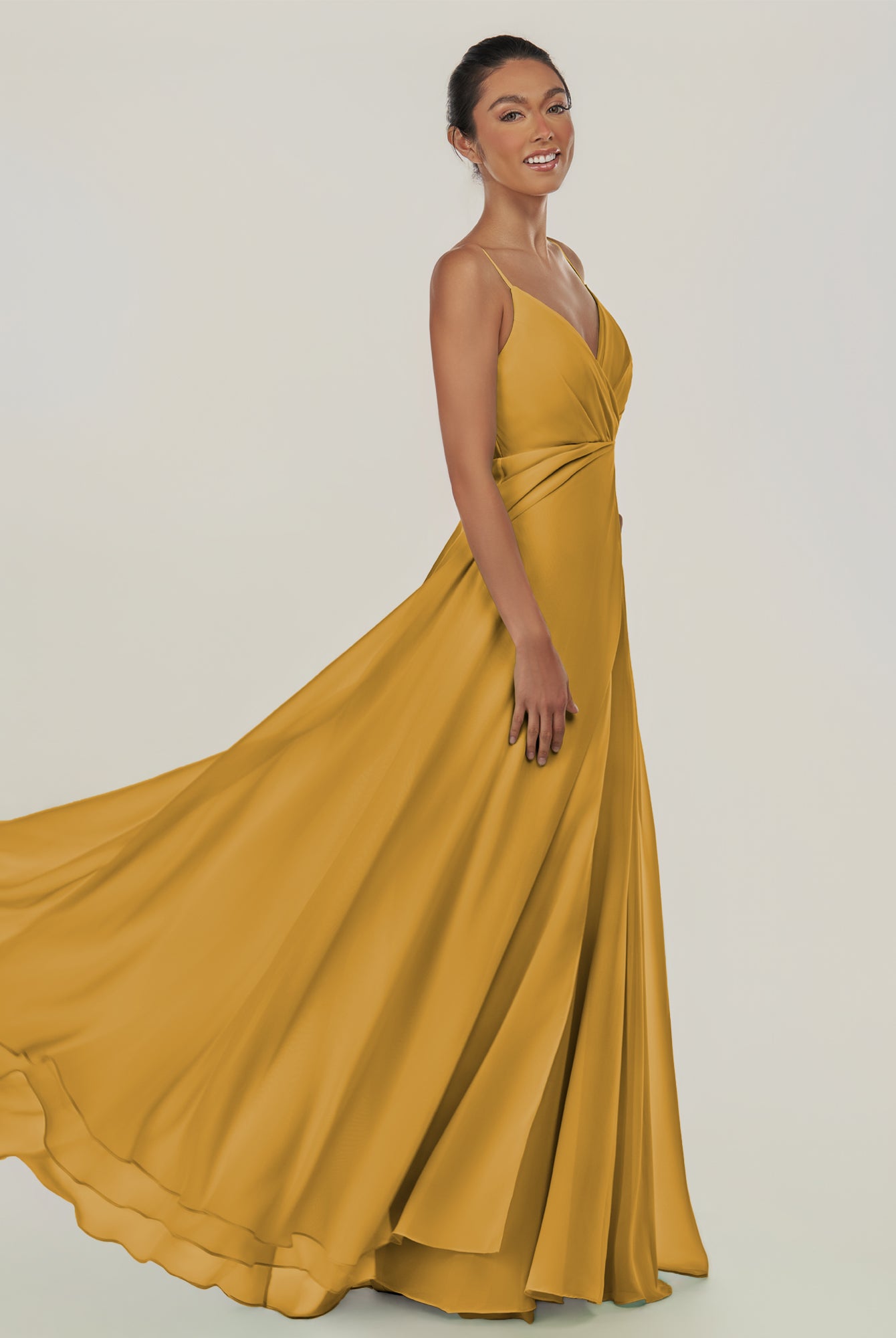KissDress-Risa Marigold A Line Chiffon V Neck Long Bridesmaid Dress with Pleats