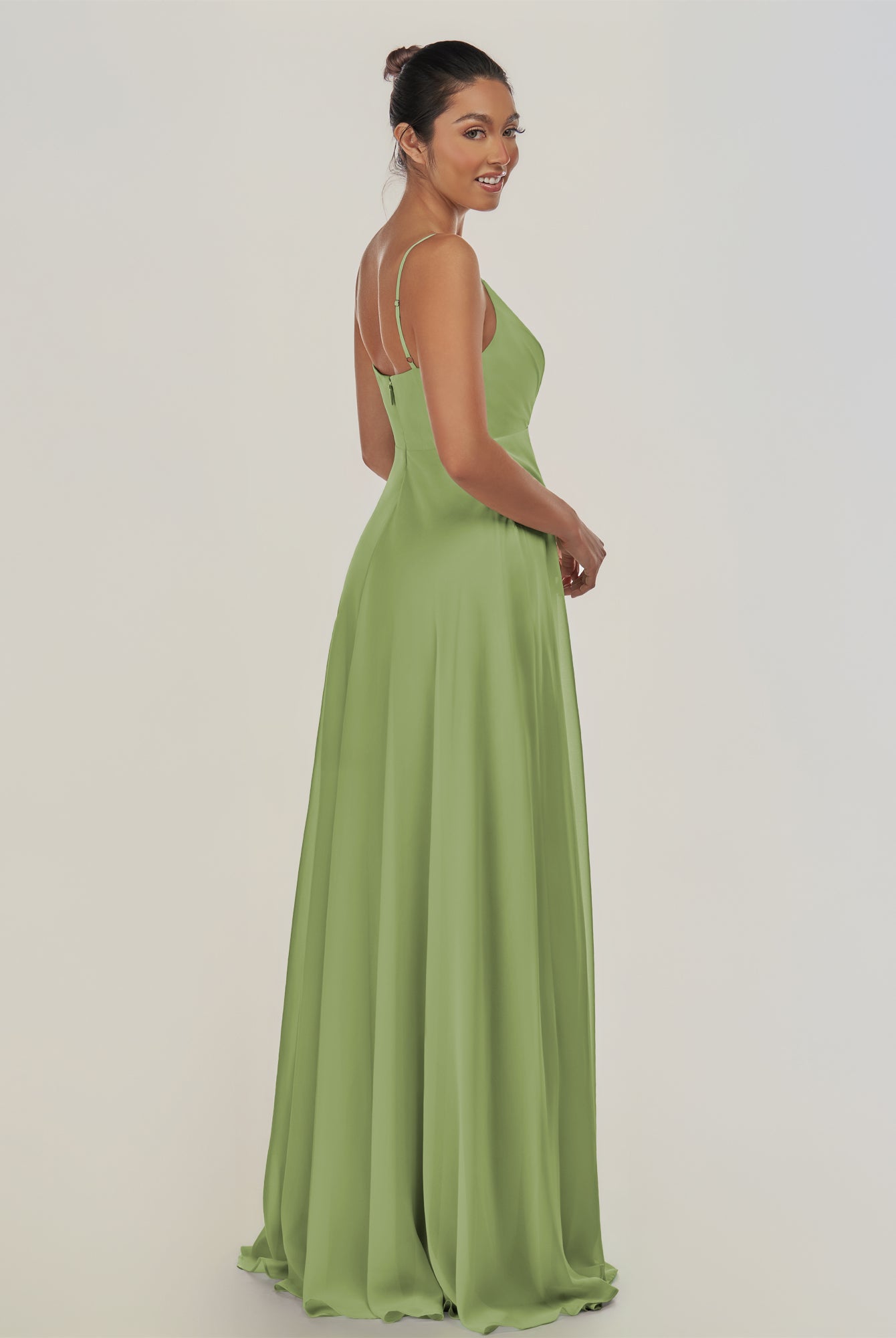 KissDress-Risa Matcha A Line Chiffon V Neck Long Bridesmaid Dress with Pleats