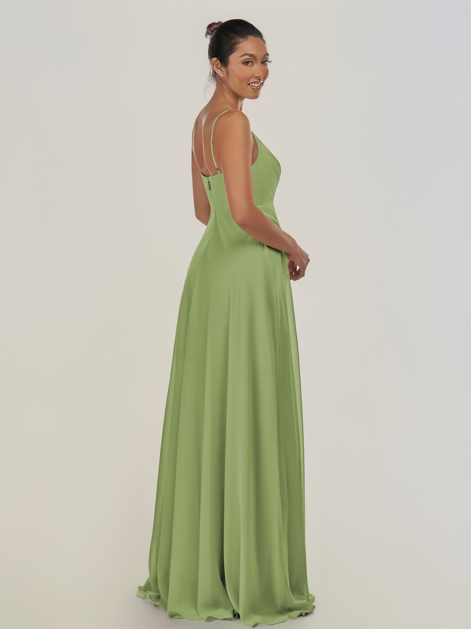 KissDress-Risa Matcha A Line Chiffon V Neck Long Bridesmaid Dress with Pleats