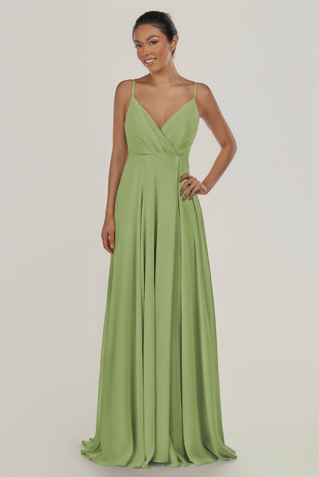 KissDress-Risa Matcha A Line Chiffon V Neck Long Bridesmaid Dress with Pleats