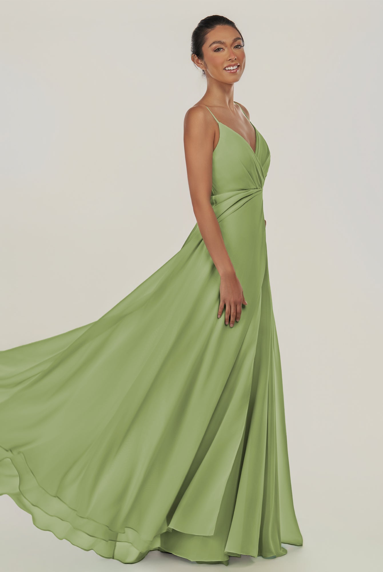KissDress-Risa Matcha A Line Chiffon V Neck Long Bridesmaid Dress with Pleats