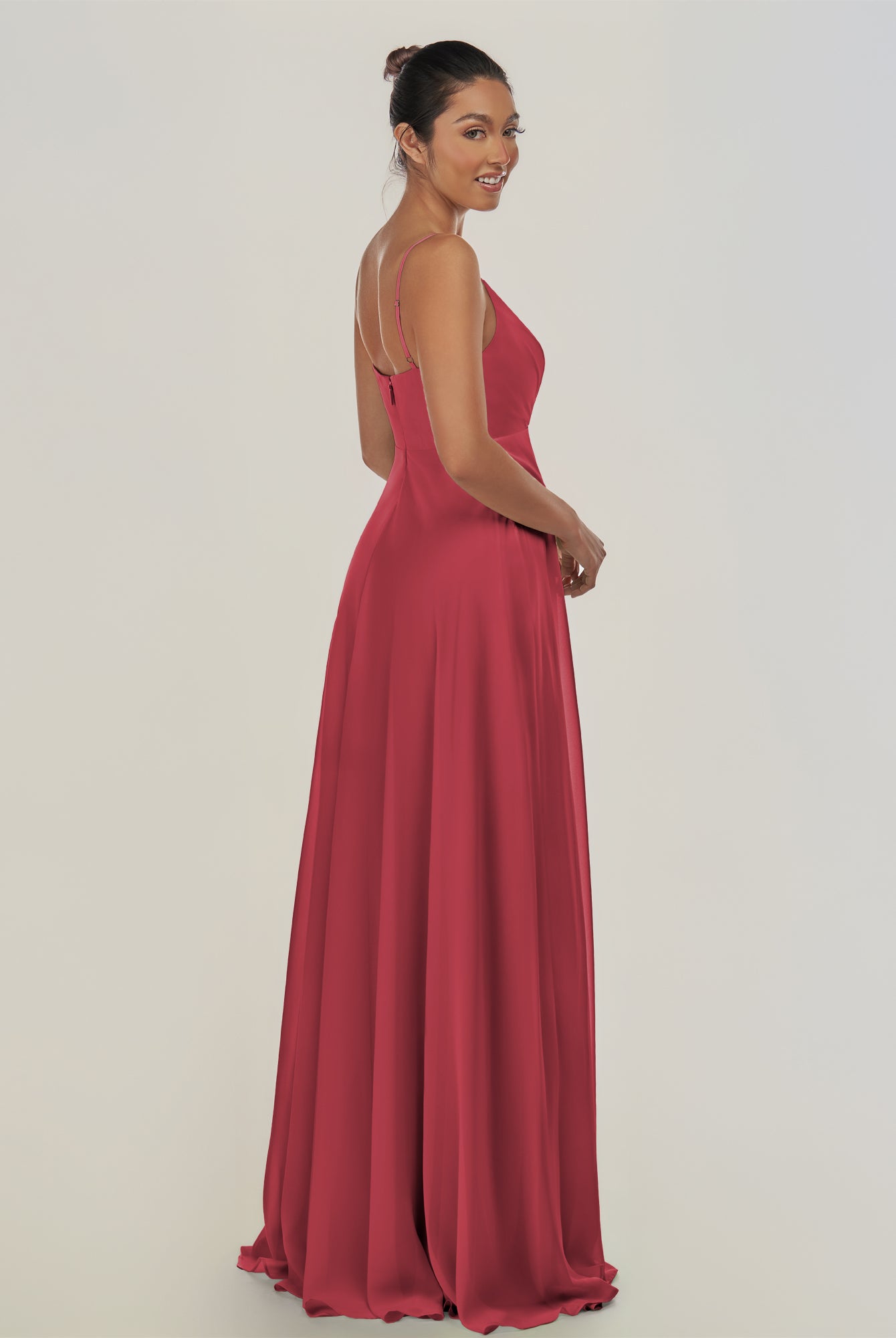 KissDress-Risa Merlot A Line Chiffon V Neck Long Bridesmaid Dress with Pleats