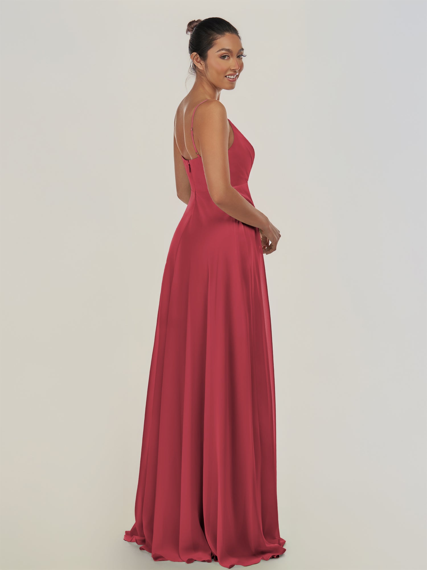 KissDress-Risa Merlot A Line Chiffon V Neck Long Bridesmaid Dress with Pleats