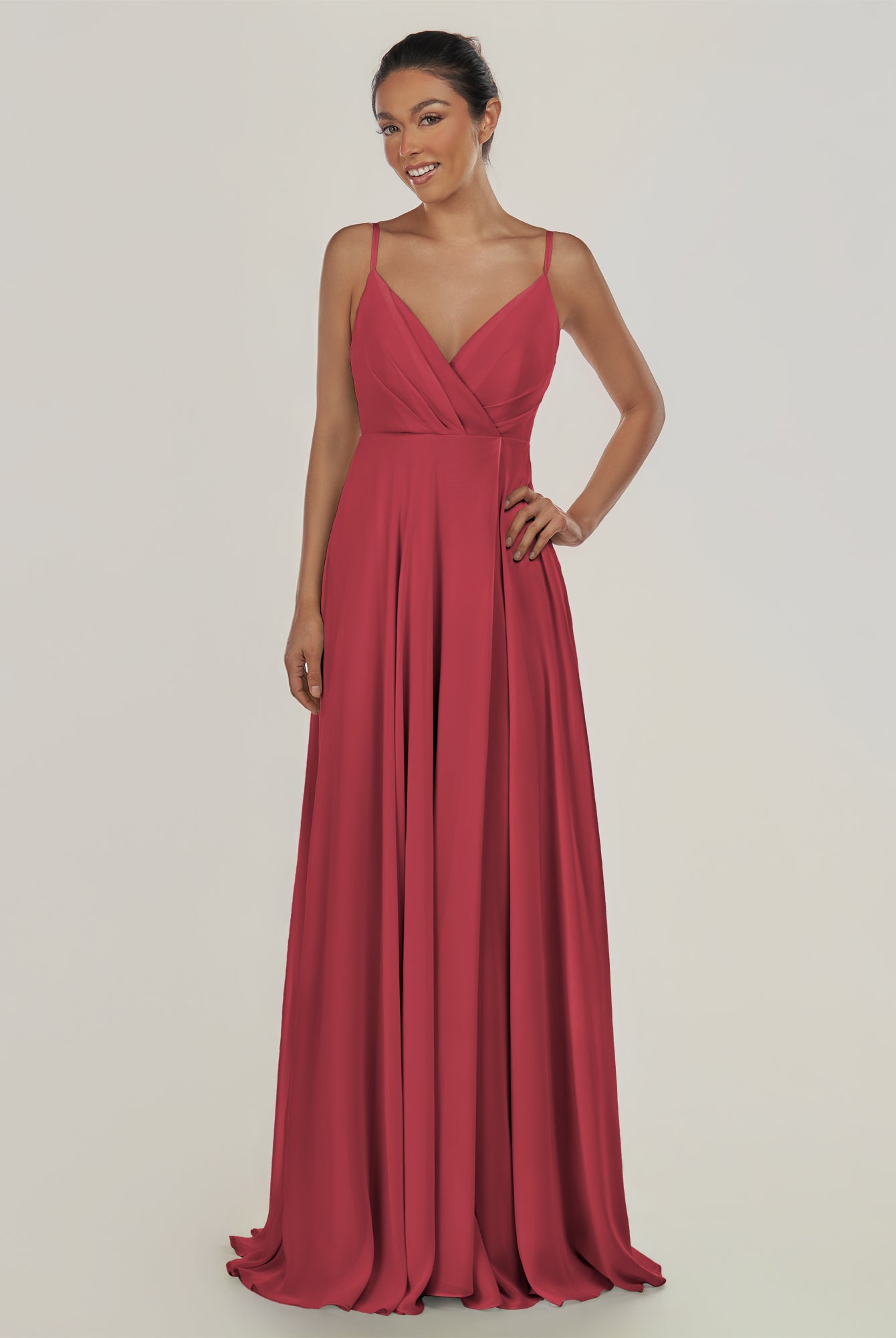 KissDress-Risa Merlot A Line Chiffon V Neck Long Bridesmaid Dress with Pleats