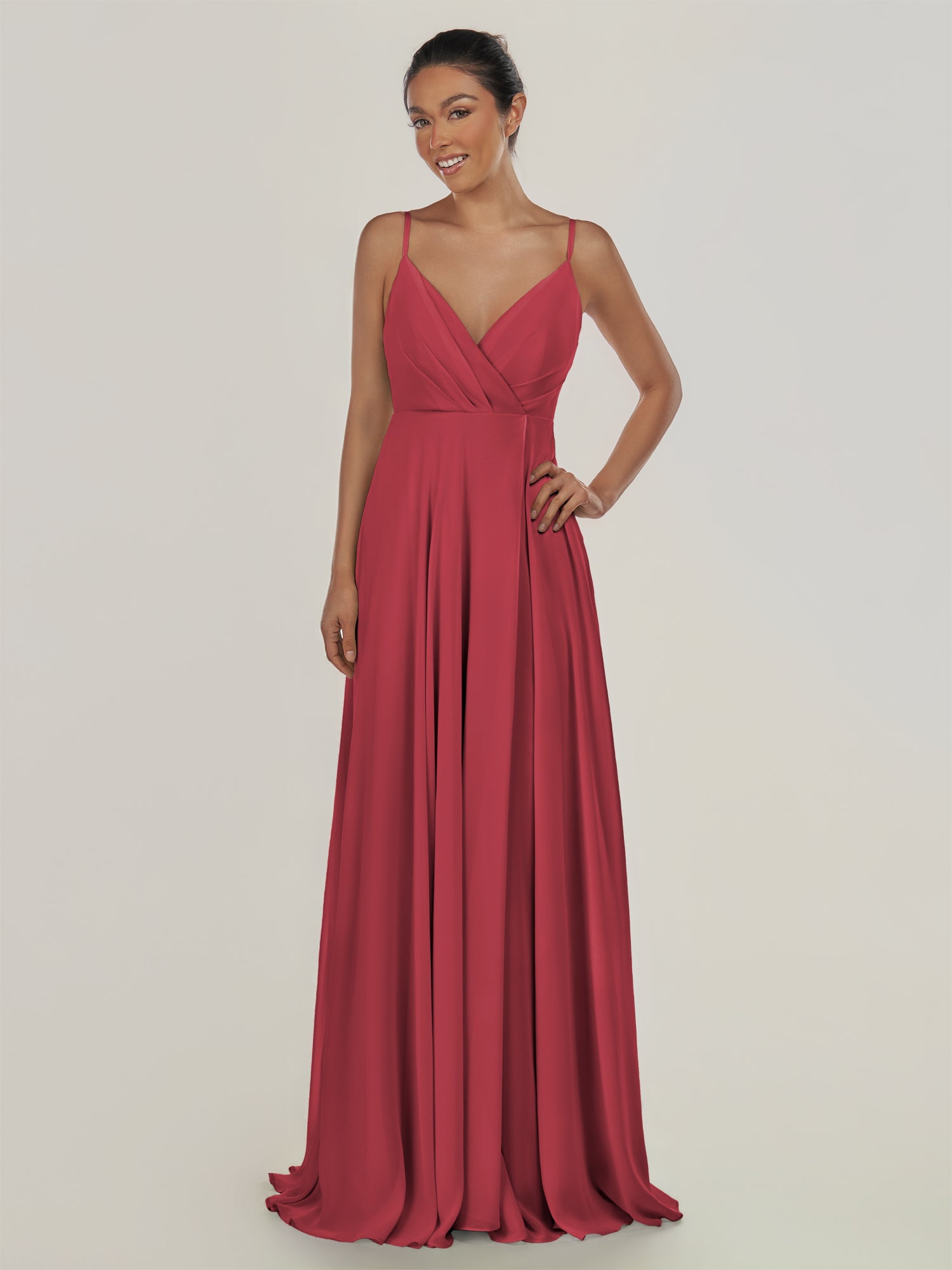 KissDress-Risa Merlot A Line Chiffon V Neck Long Bridesmaid Dress with Pleats