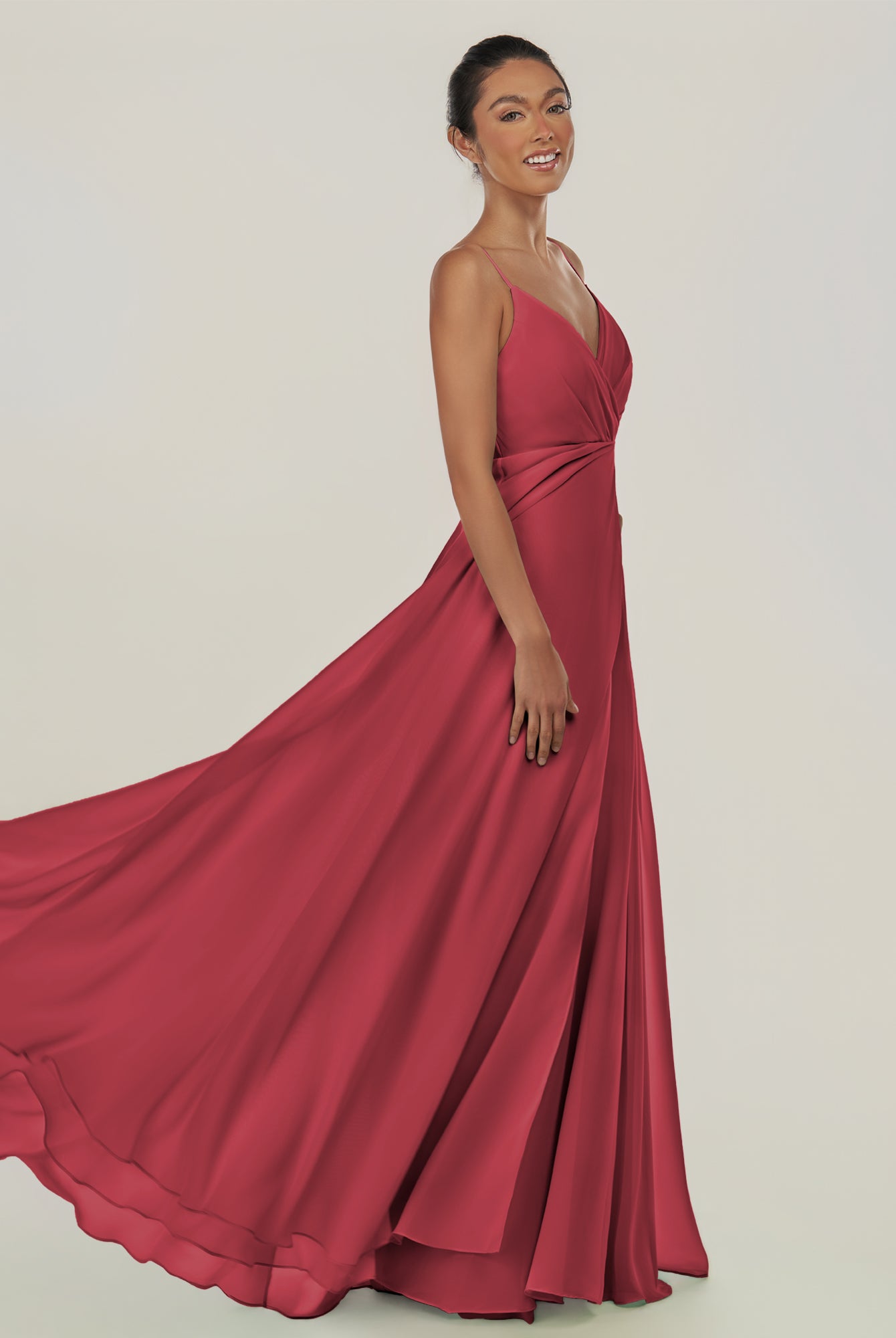 KissDress-Risa Merlot A Line Chiffon V Neck Long Bridesmaid Dress with Pleats