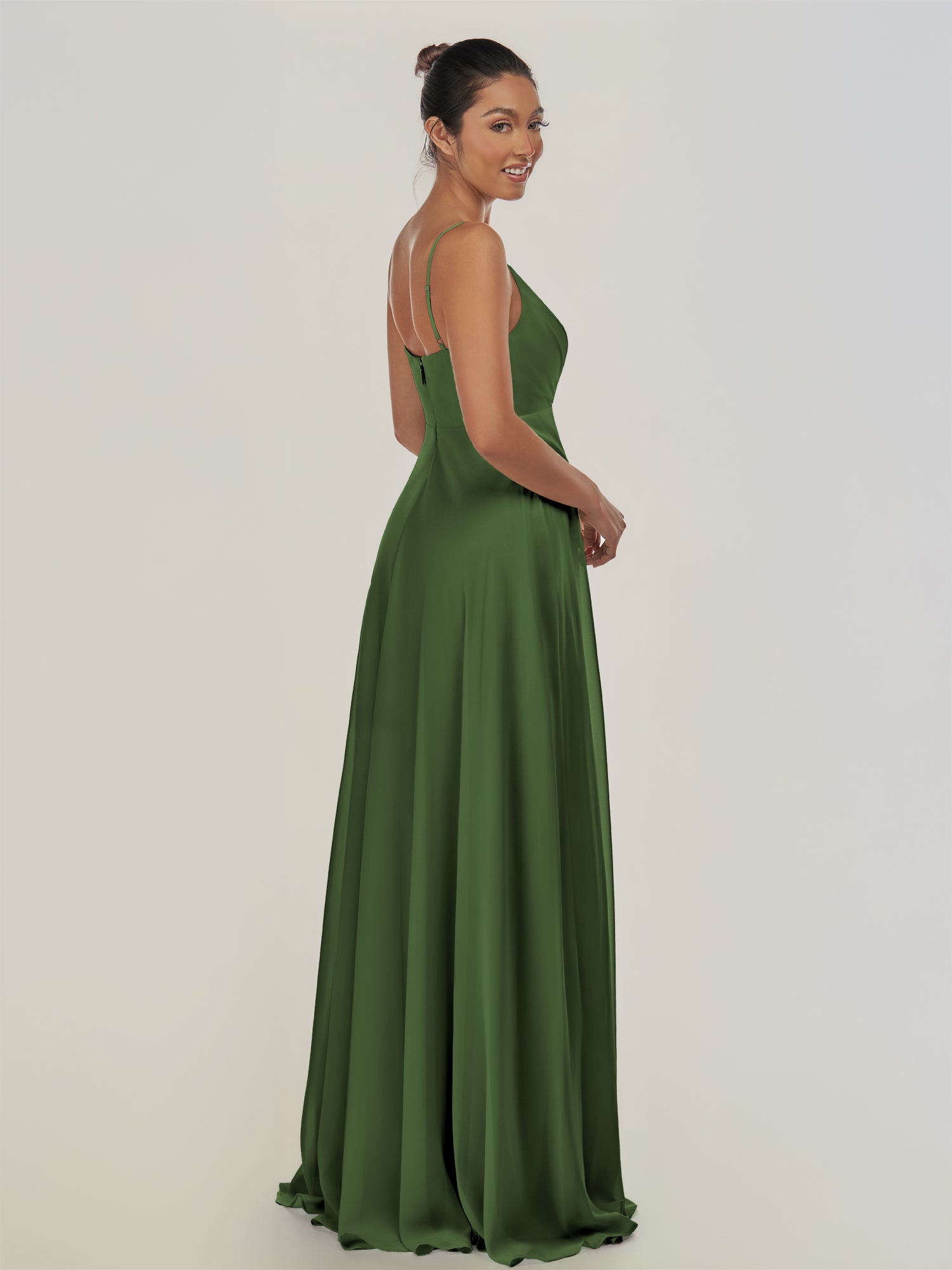 KissDress-Risa Moss A Line Chiffon V Neck Long Bridesmaid Dress with Pleats
