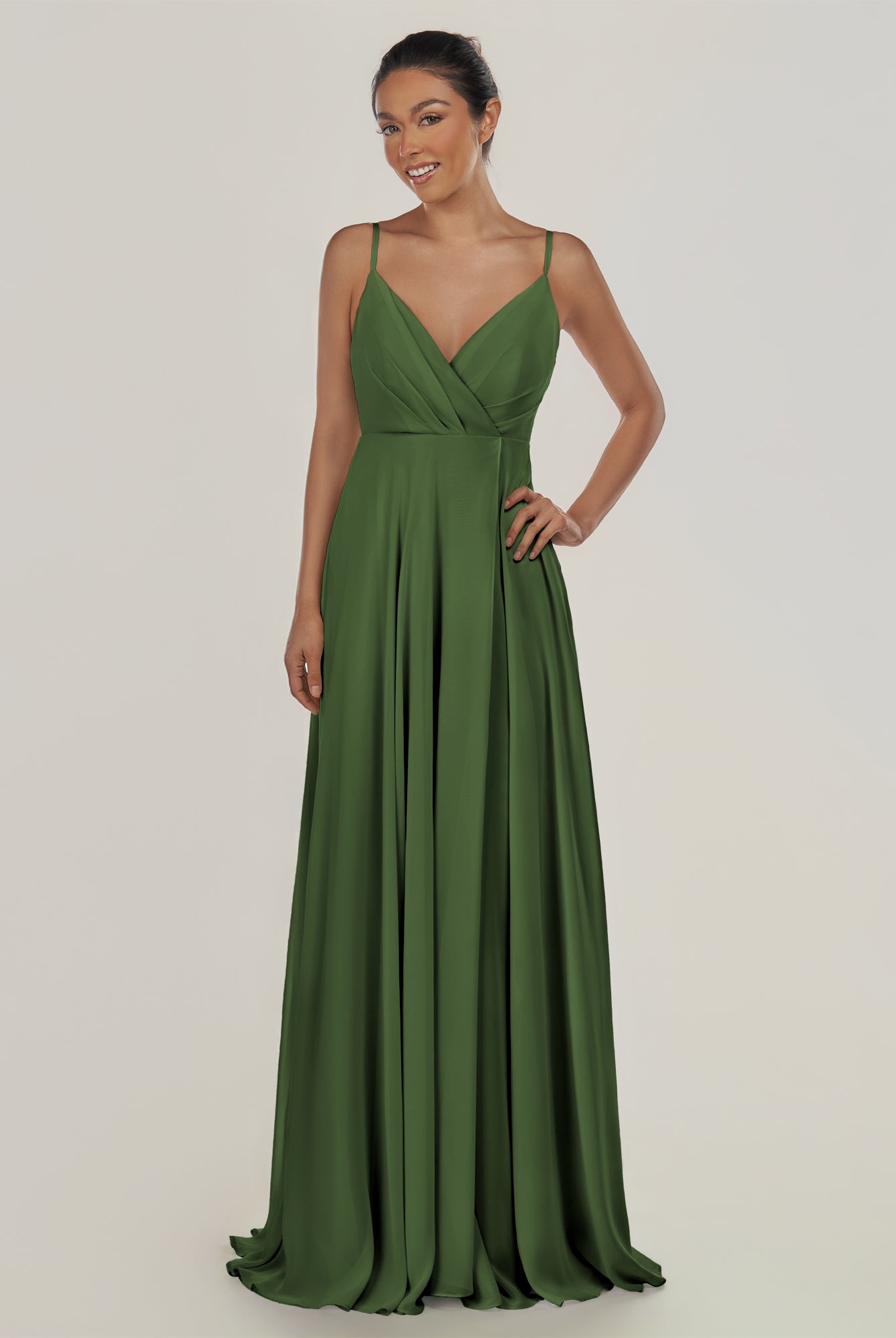 KissDress-Risa Moss A Line Chiffon V Neck Long Bridesmaid Dress with Pleats