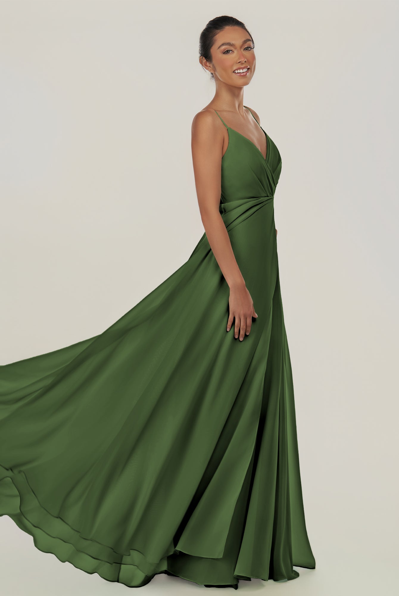KissDress-Risa Moss A Line Chiffon V Neck Long Bridesmaid Dress with Pleats
