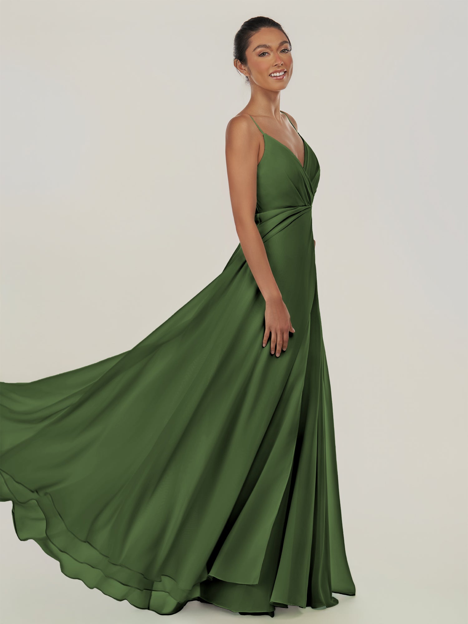 KissDress-Risa Moss A Line Chiffon V Neck Long Bridesmaid Dress with Pleats