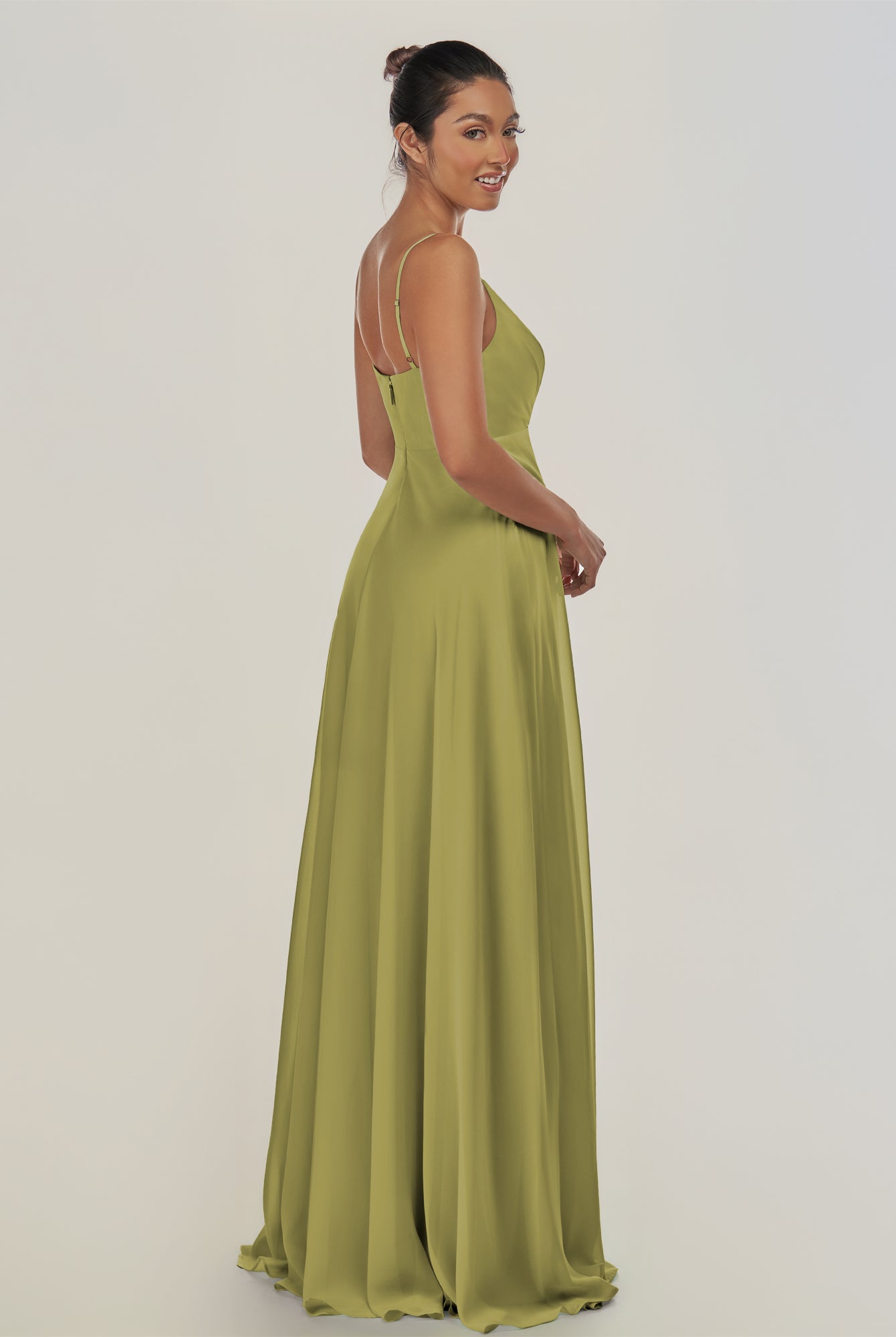 KissDress-Risa Moss Green A Line Chiffon V Neck Long Bridesmaid Dress with Pleats
