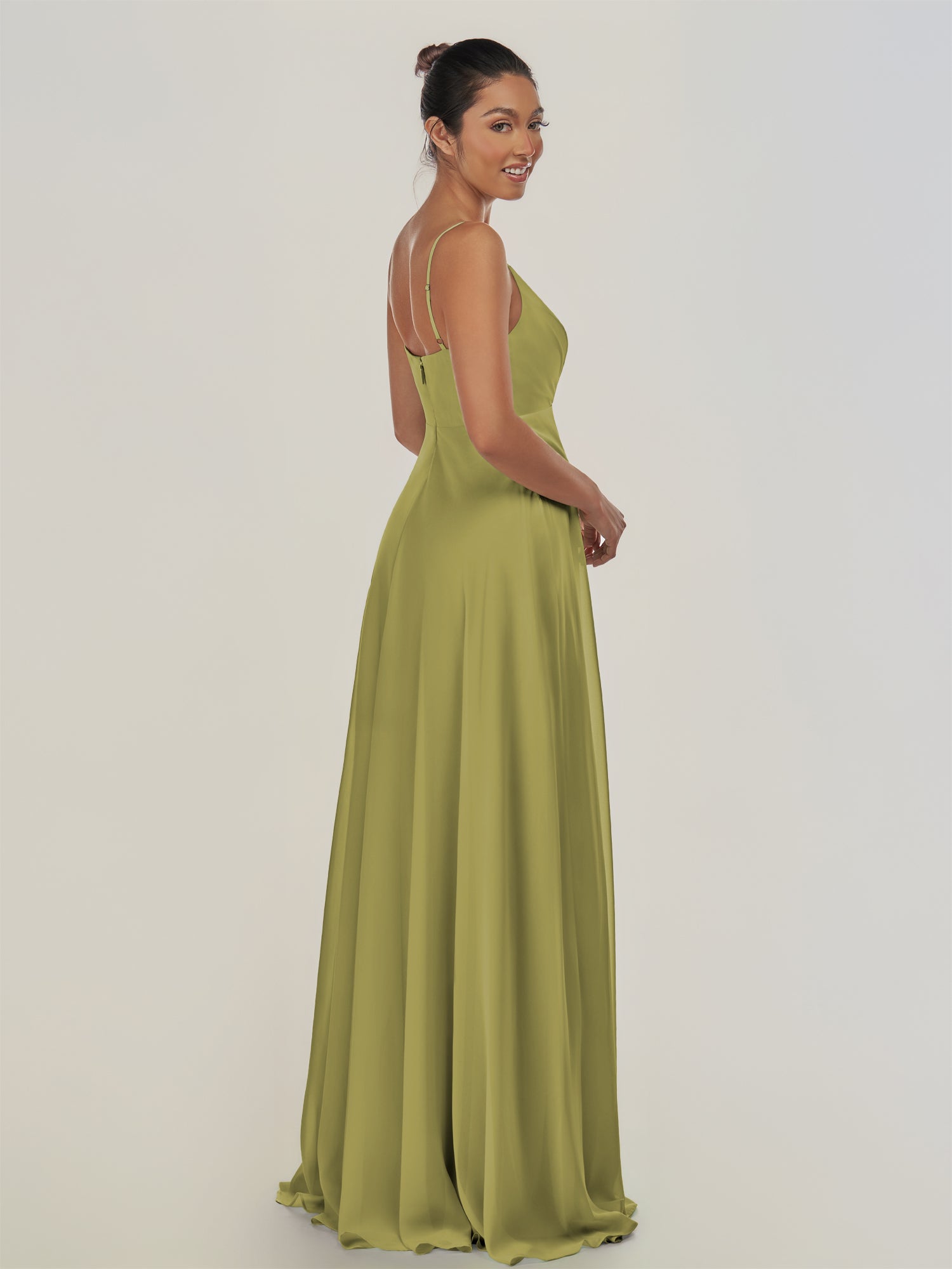 KissDress-Risa Moss Green A Line Chiffon V Neck Long Bridesmaid Dress with Pleats
