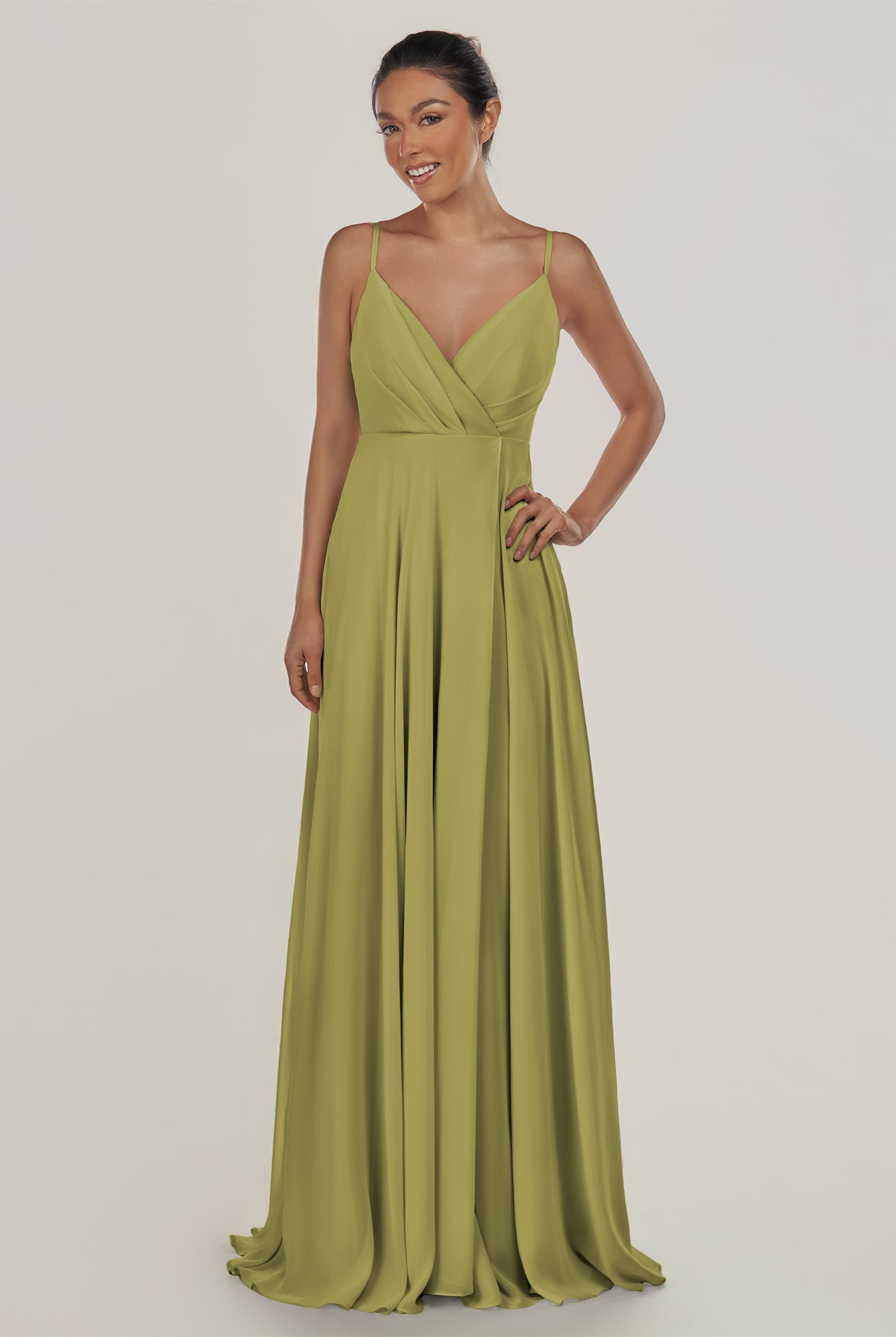 KissDress-Risa Moss Green A Line Chiffon V Neck Long Bridesmaid Dress with Pleats