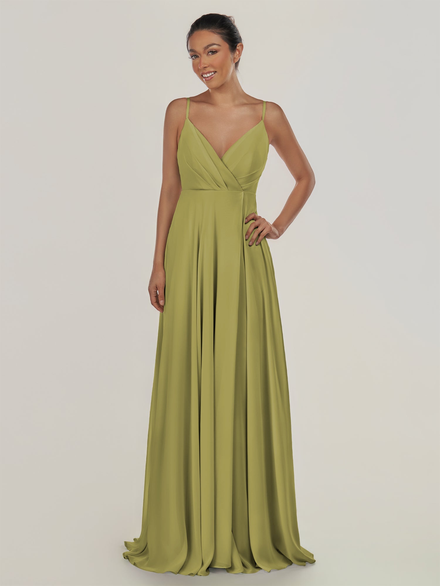 KissDress-Risa Moss Green A Line Chiffon V Neck Long Bridesmaid Dress with Pleats
