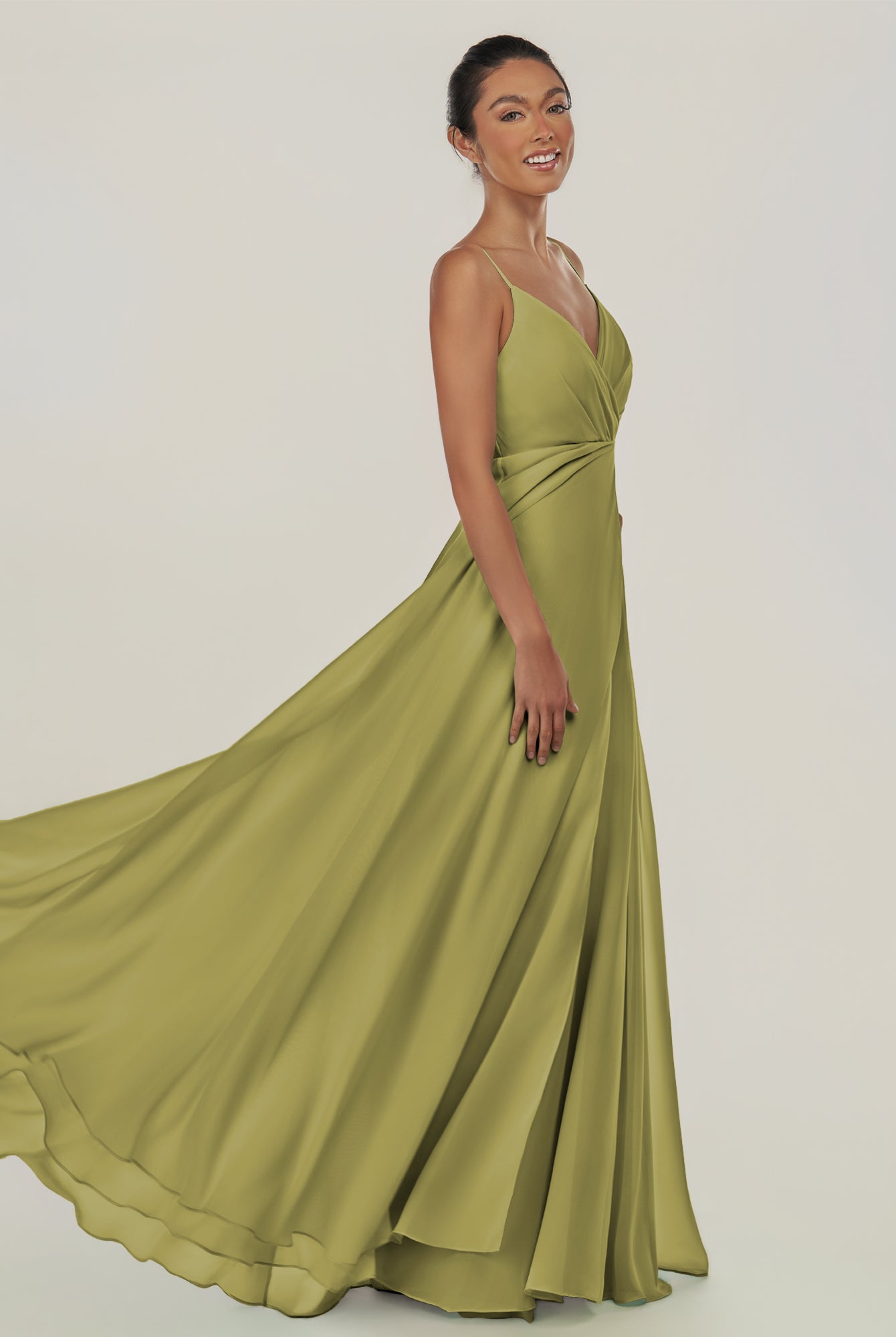 KissDress-Risa Moss Green A Line Chiffon V Neck Long Bridesmaid Dress with Pleats