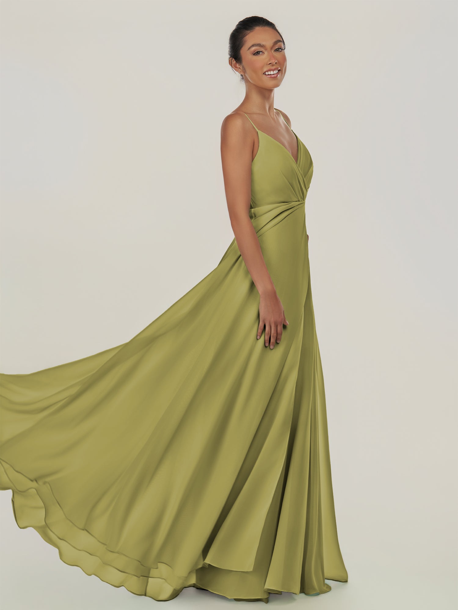 KissDress-Risa Moss Green A Line Chiffon V Neck Long Bridesmaid Dress with Pleats