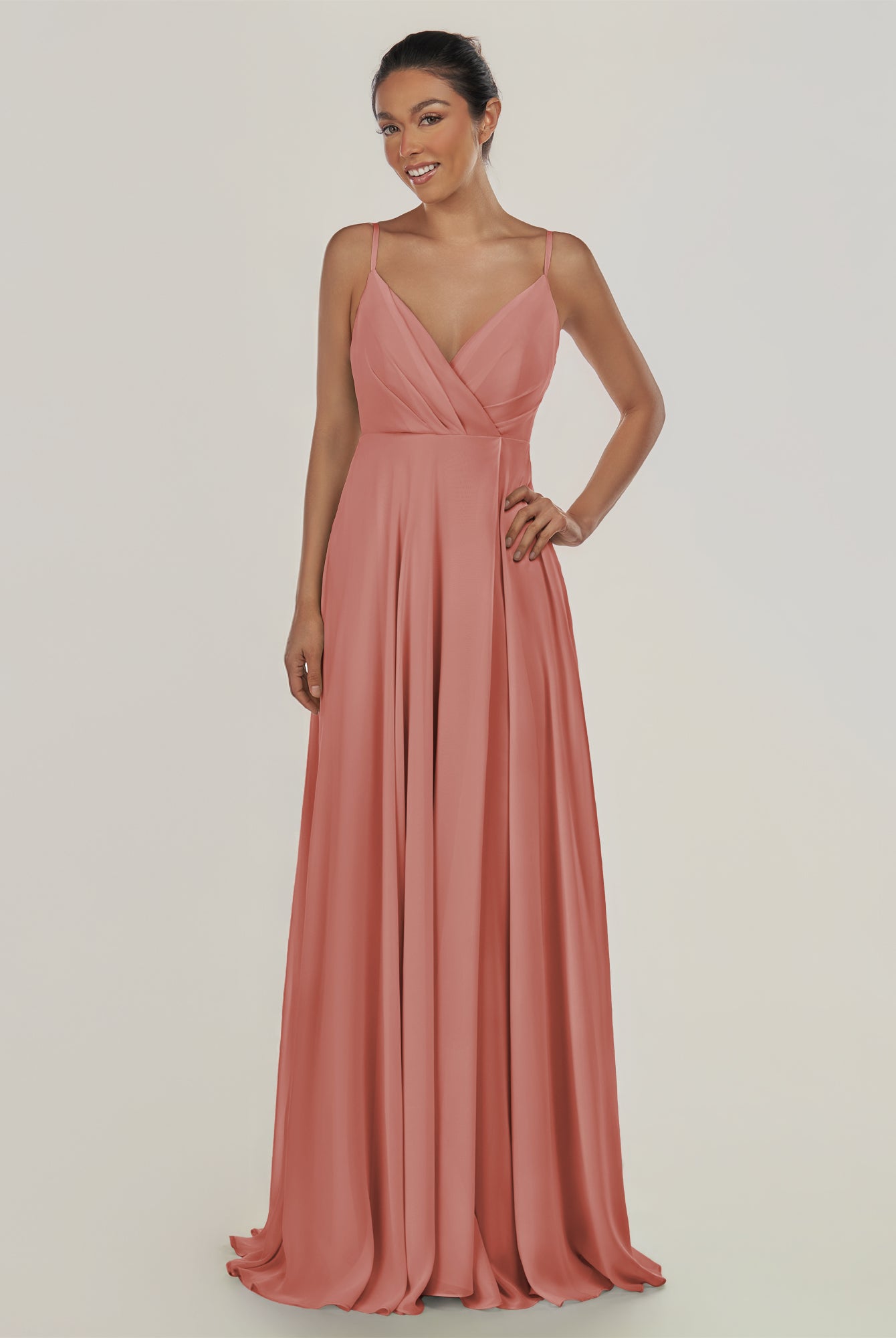 KissDress-Risa Mulberry A Line Chiffon V Neck Long Bridesmaid Dress with Pleats
