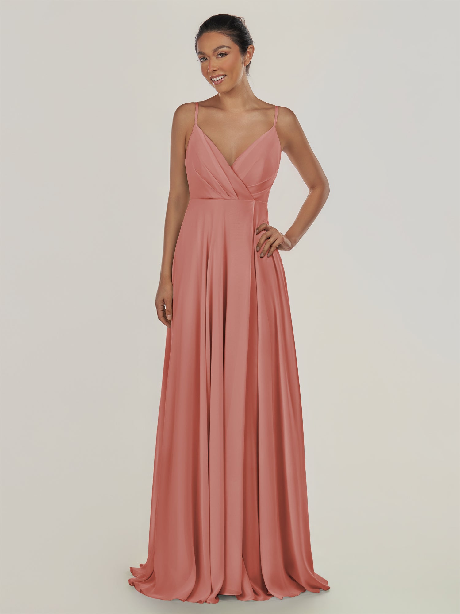 KissDress-Risa Mulberry A Line Chiffon V Neck Long Bridesmaid Dress with Pleats