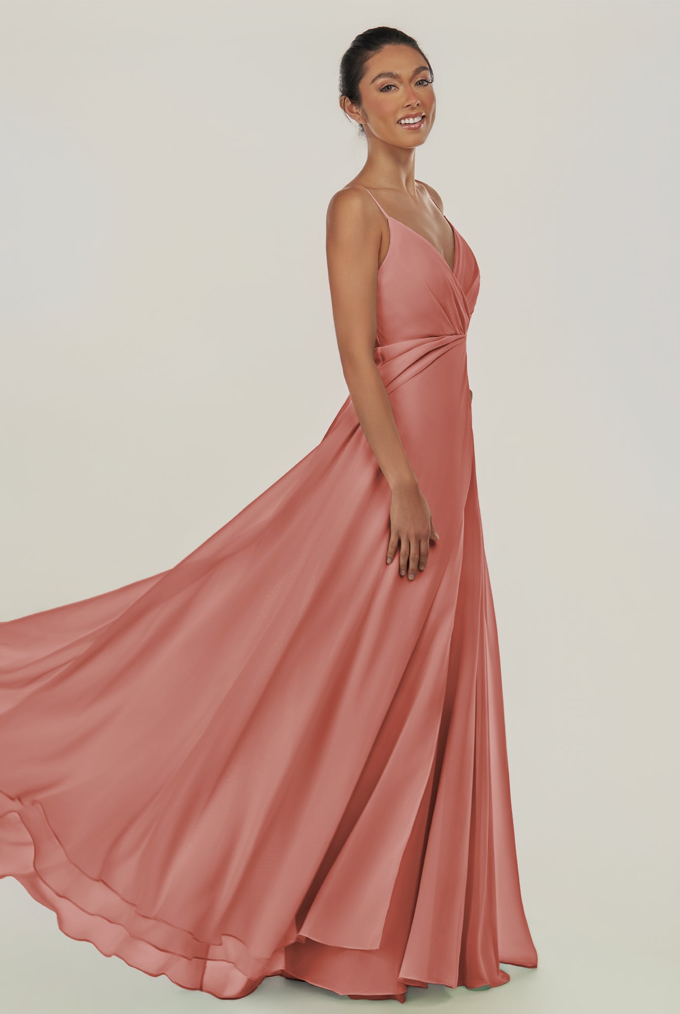 KissDress-Risa Mulberry A Line Chiffon V Neck Long Bridesmaid Dress with Pleats