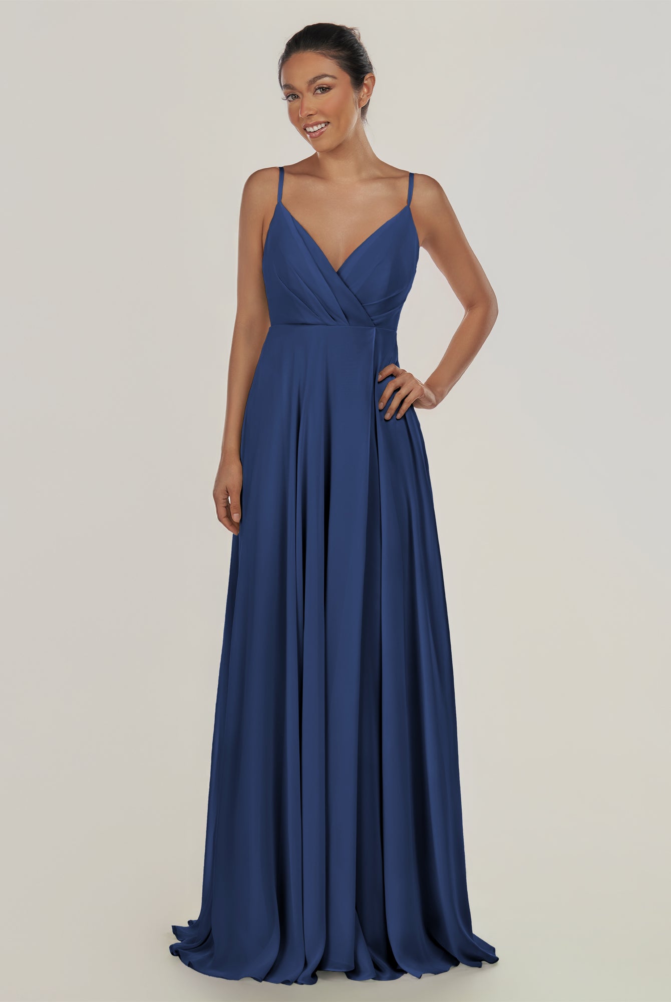 KissDress-Risa Navy A Line Chiffon V Neck Long Bridesmaid Dress with Pleats