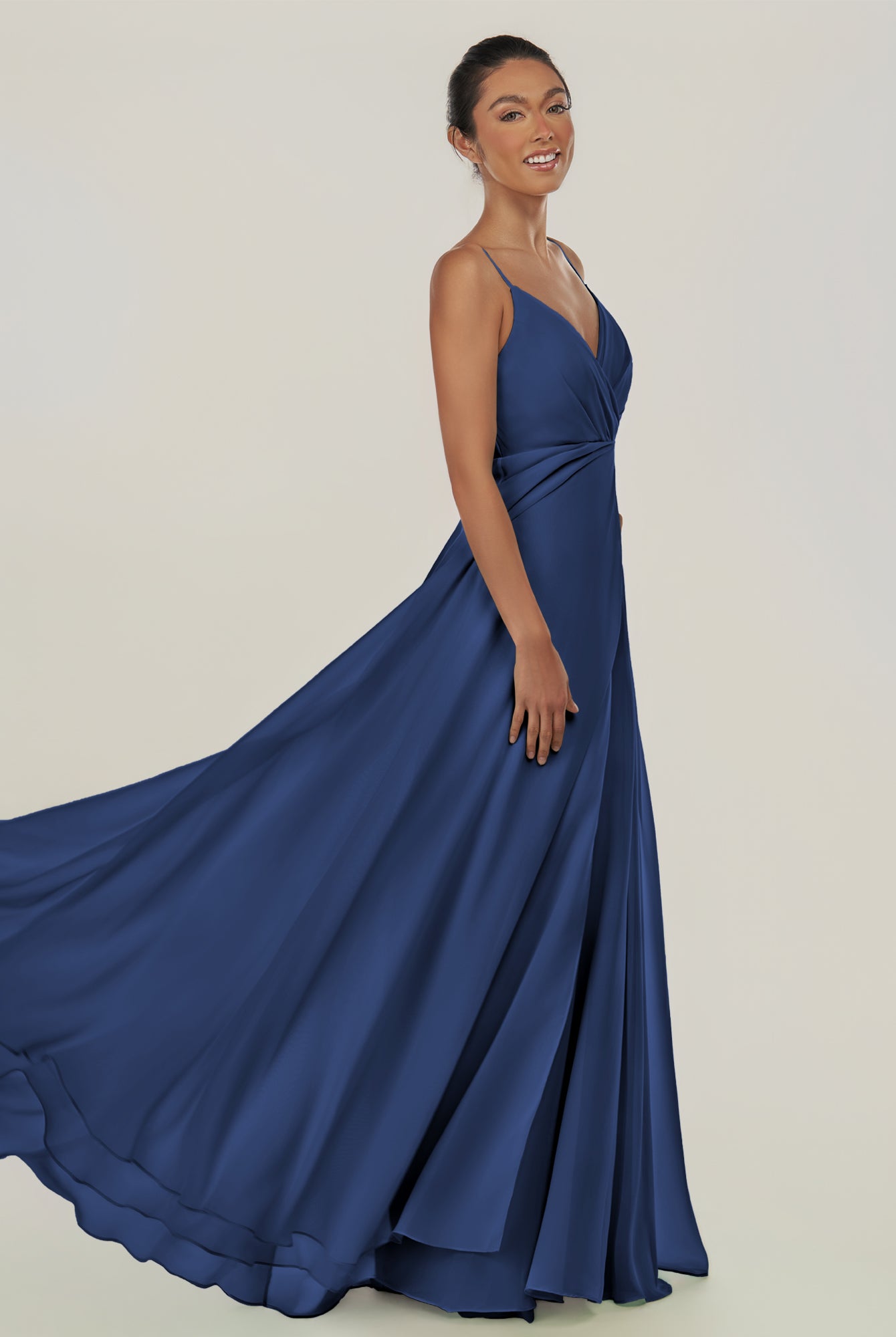 KissDress-Risa Navy A Line Chiffon V Neck Long Bridesmaid Dress with Pleats