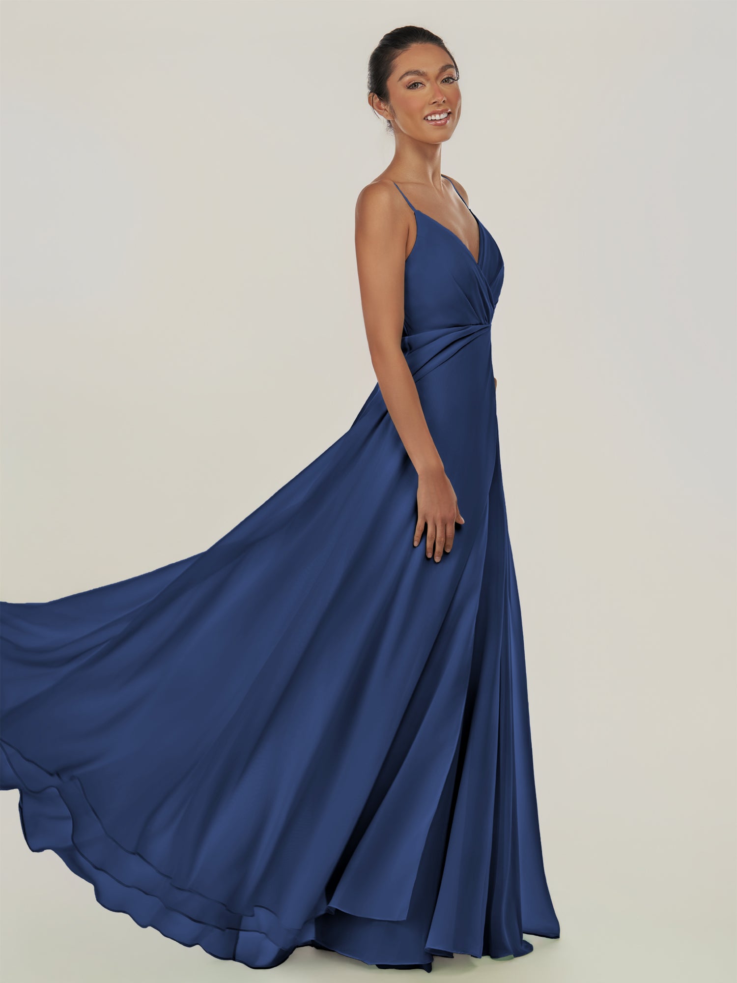 KissDress-Risa Navy A Line Chiffon V Neck Long Bridesmaid Dress with Pleats