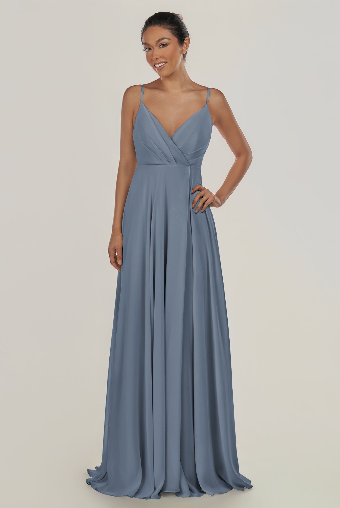 KissDress-Risa Neptune A Line Chiffon V Neck Long Bridesmaid Dress with Pleats