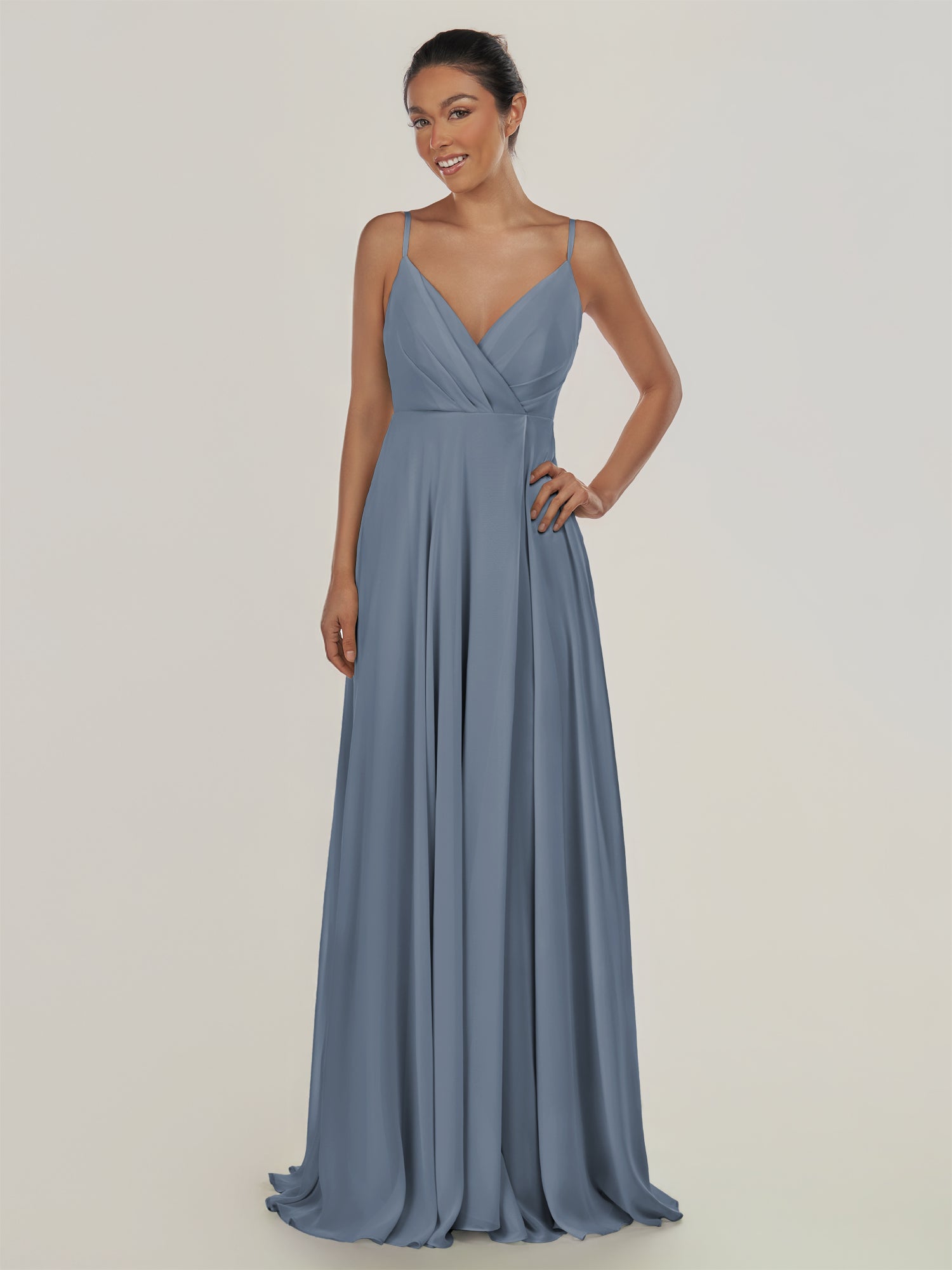 KissDress-Risa Neptune A Line Chiffon V Neck Long Bridesmaid Dress with Pleats