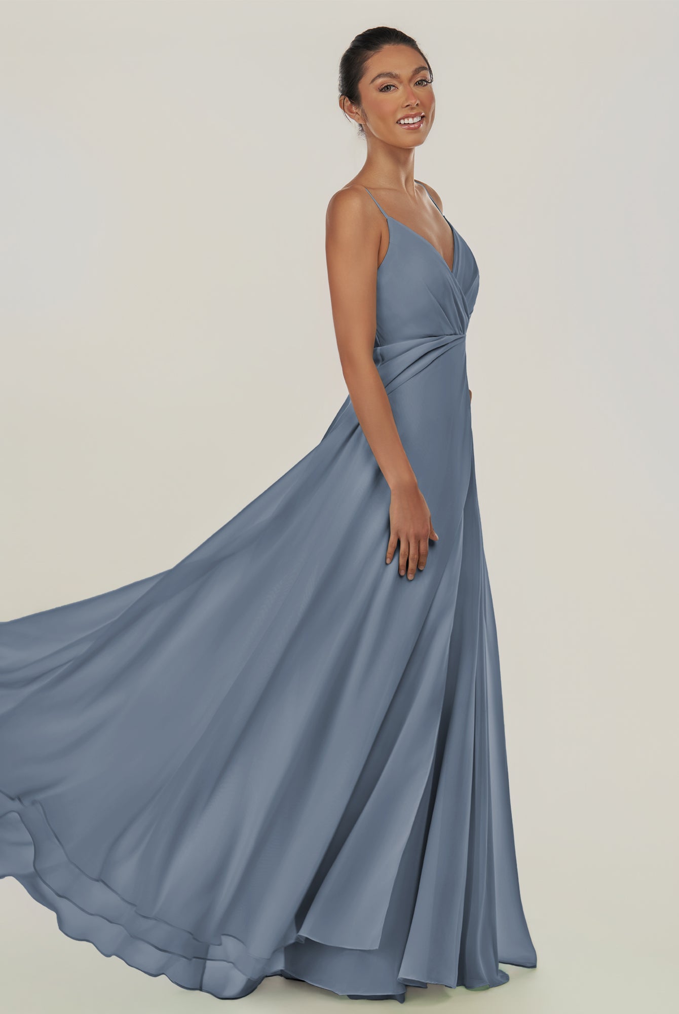 KissDress-Risa Neptune A Line Chiffon V Neck Long Bridesmaid Dress with Pleats