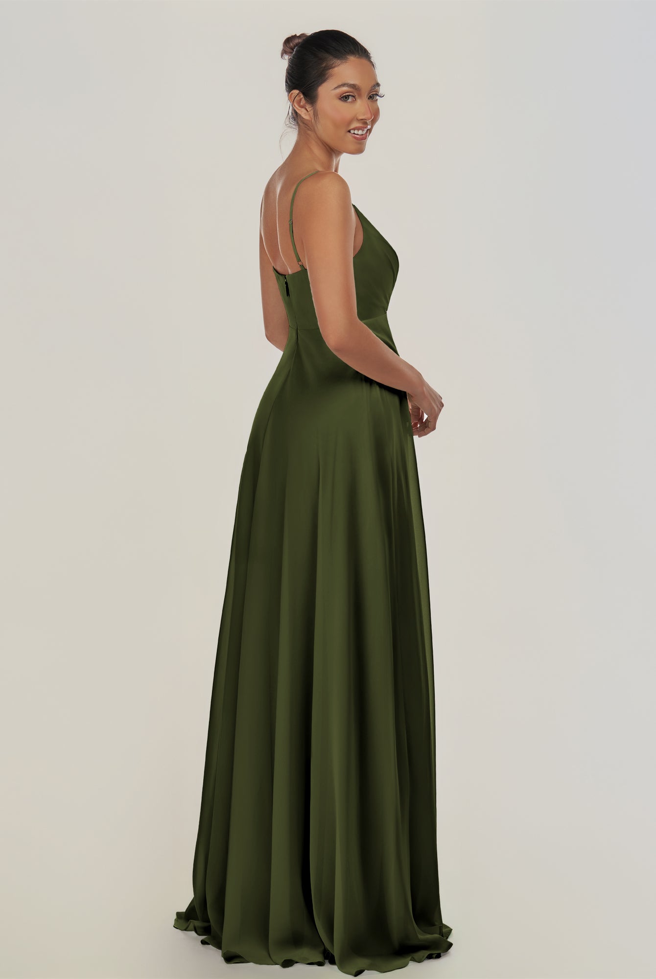 KissDress-Risa Olive A Line Chiffon V Neck Long Bridesmaid Dress with Pleats