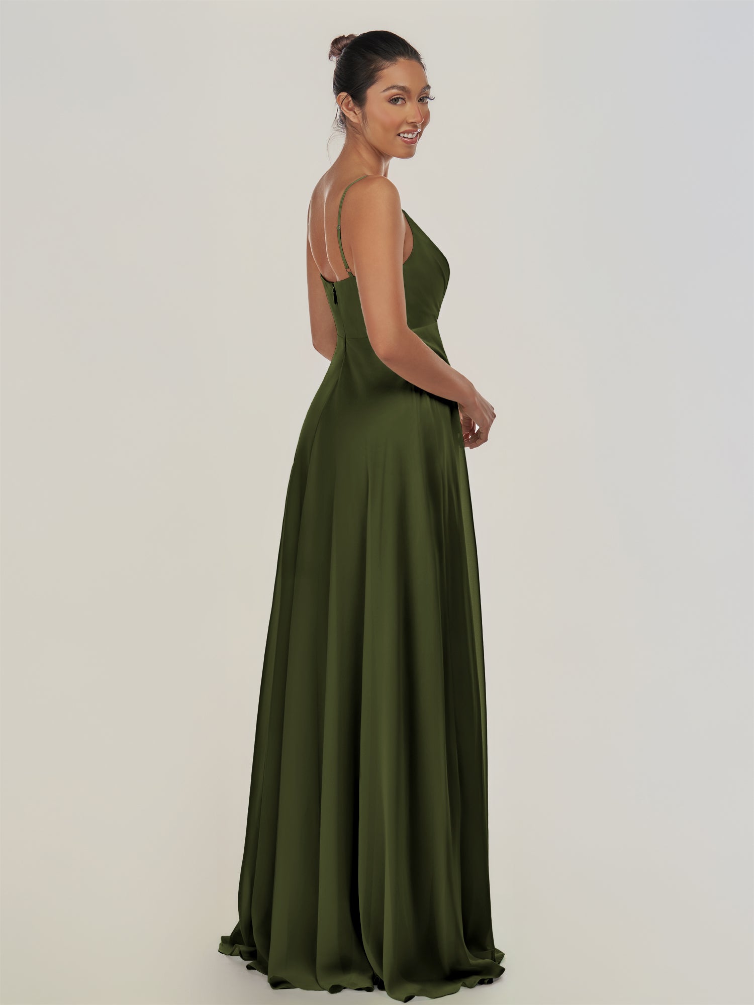 KissDress-Risa Olive A Line Chiffon V Neck Long Bridesmaid Dress with Pleats