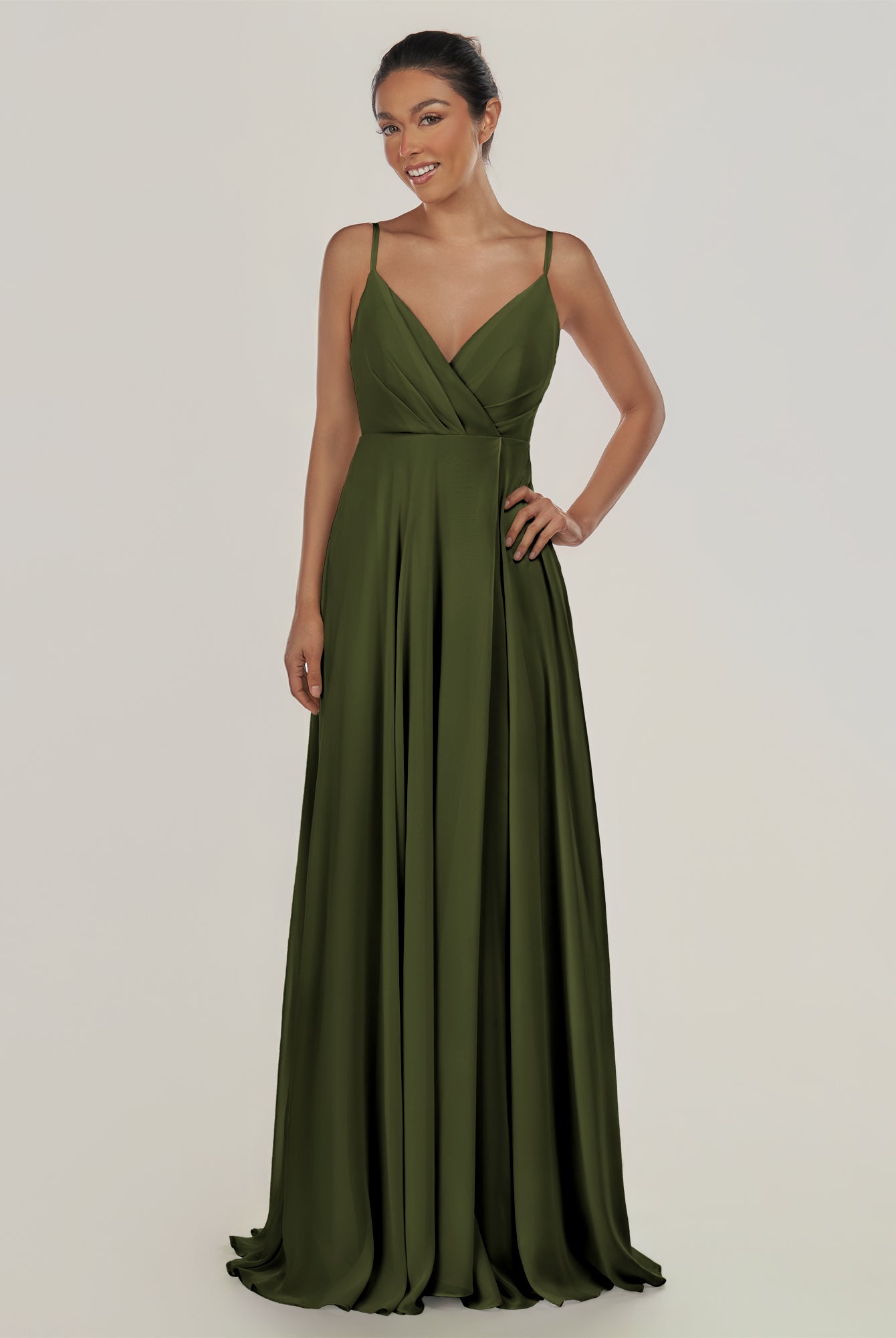 KissDress-Risa Olive A Line Chiffon V Neck Long Bridesmaid Dress with Pleats