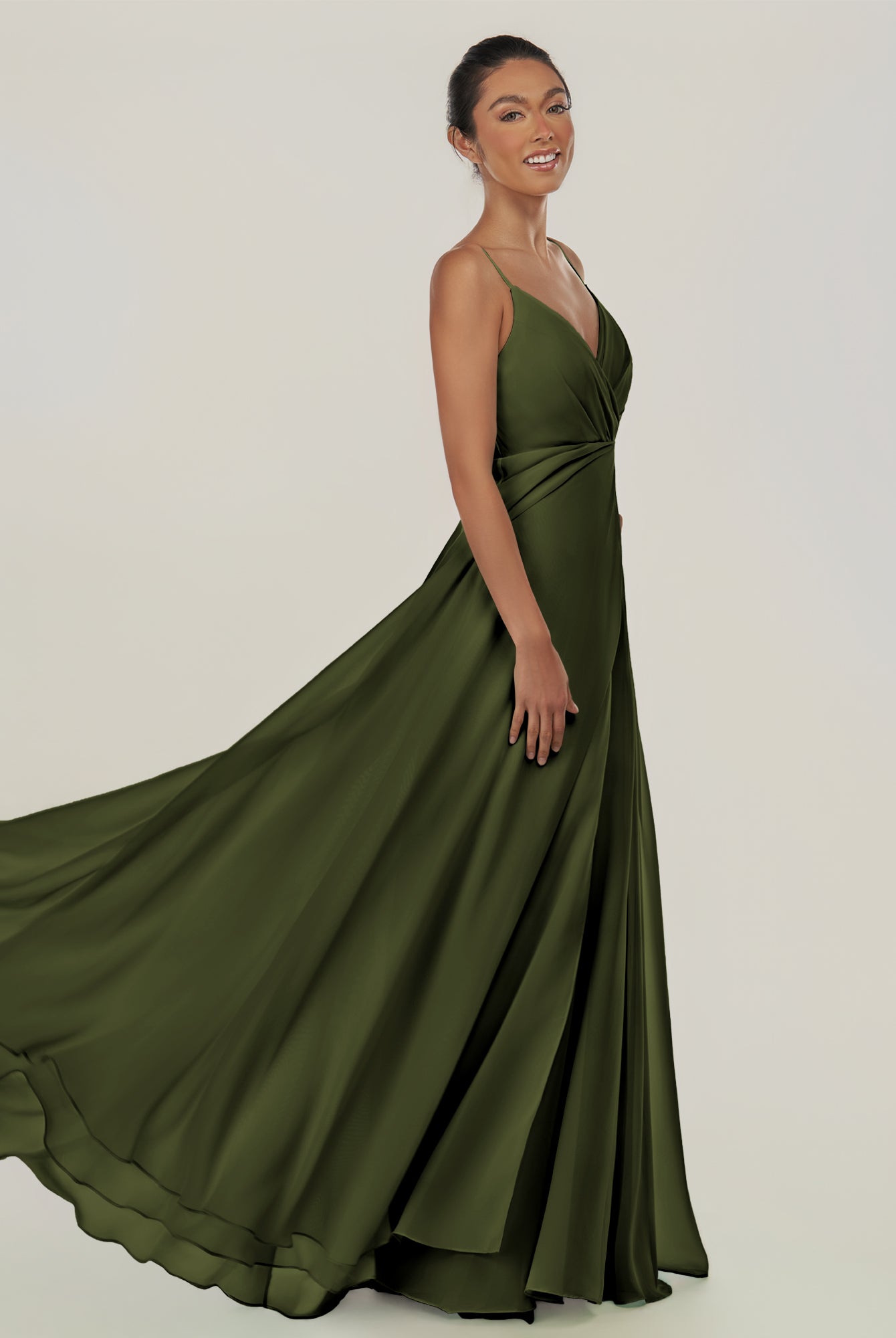 KissDress-Risa Olive A Line Chiffon V Neck Long Bridesmaid Dress with Pleats